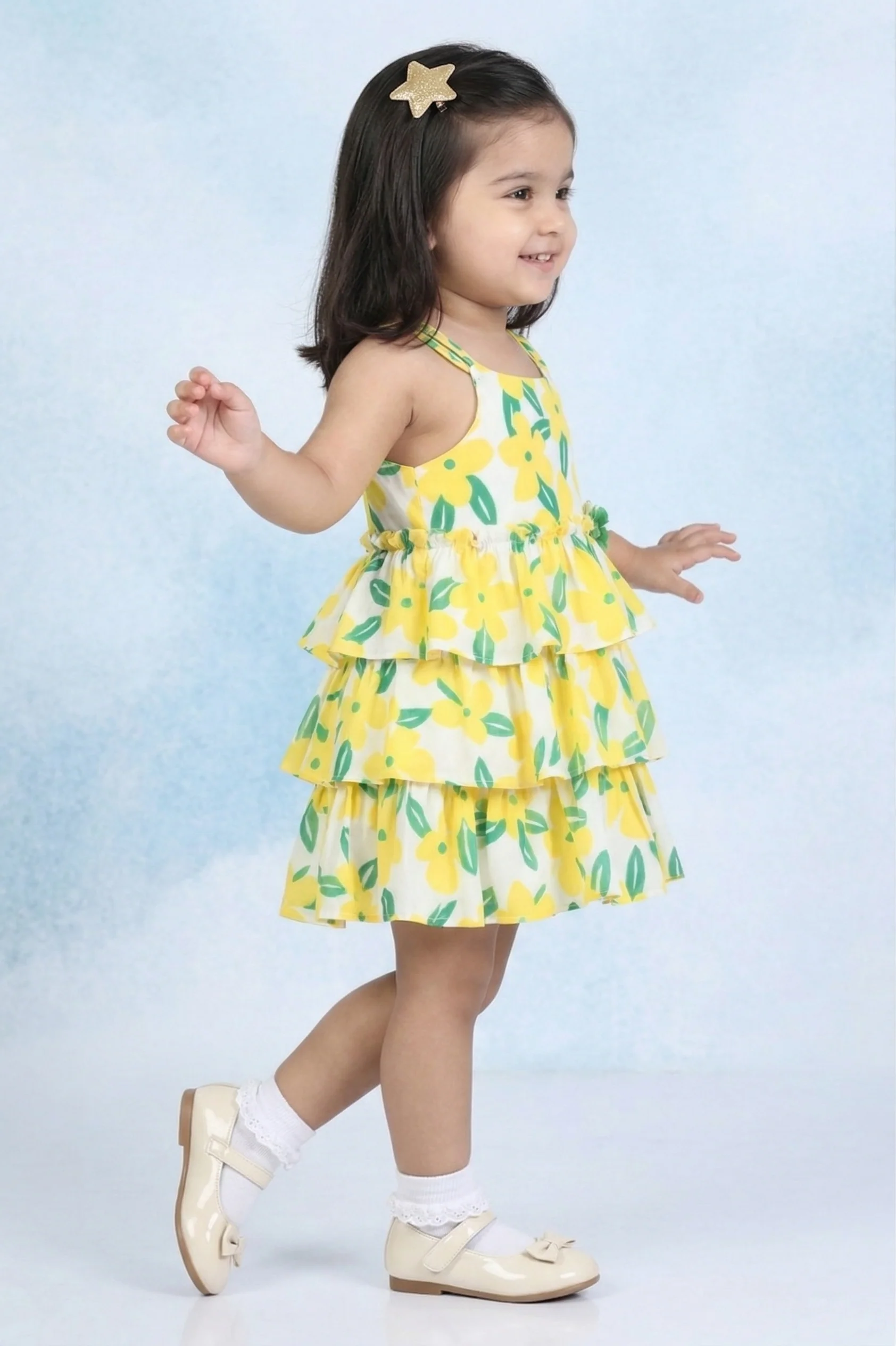 Girls Yellow Sleeveless Floral Tiered Dress TSM30571 - Image 3