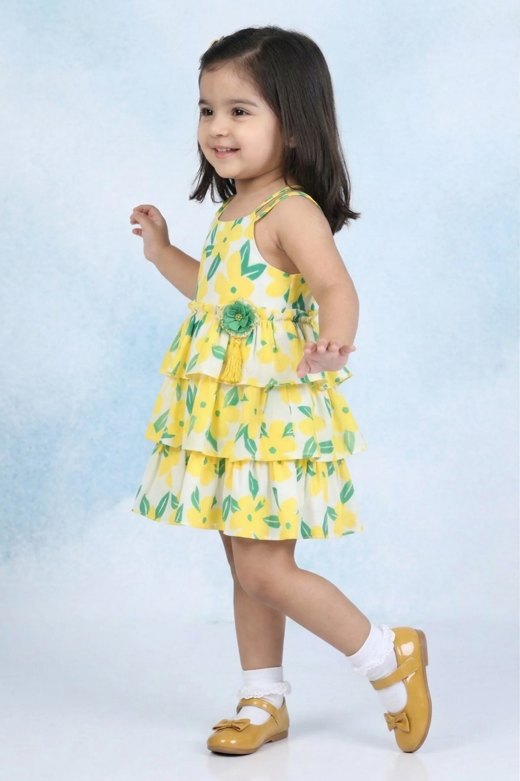 Girls Yellow Sleeveless Floral Tiered Dress TSM30571 - Image 4