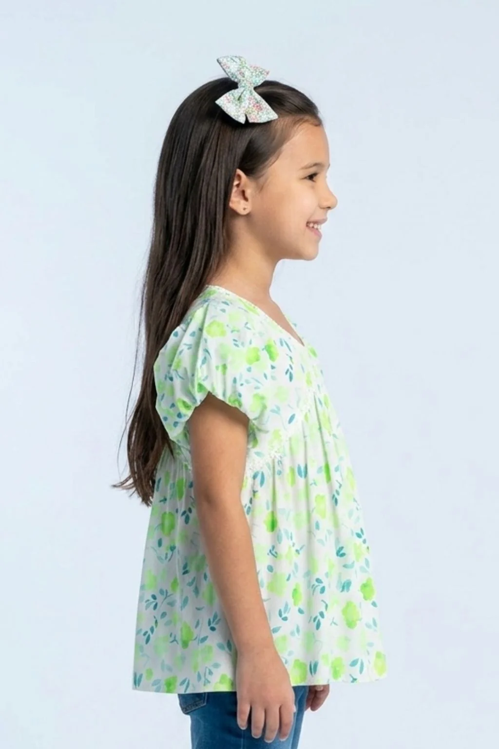 Green Floral Printed Cotton Top with Puff Sleeves TG6380 - Image 3