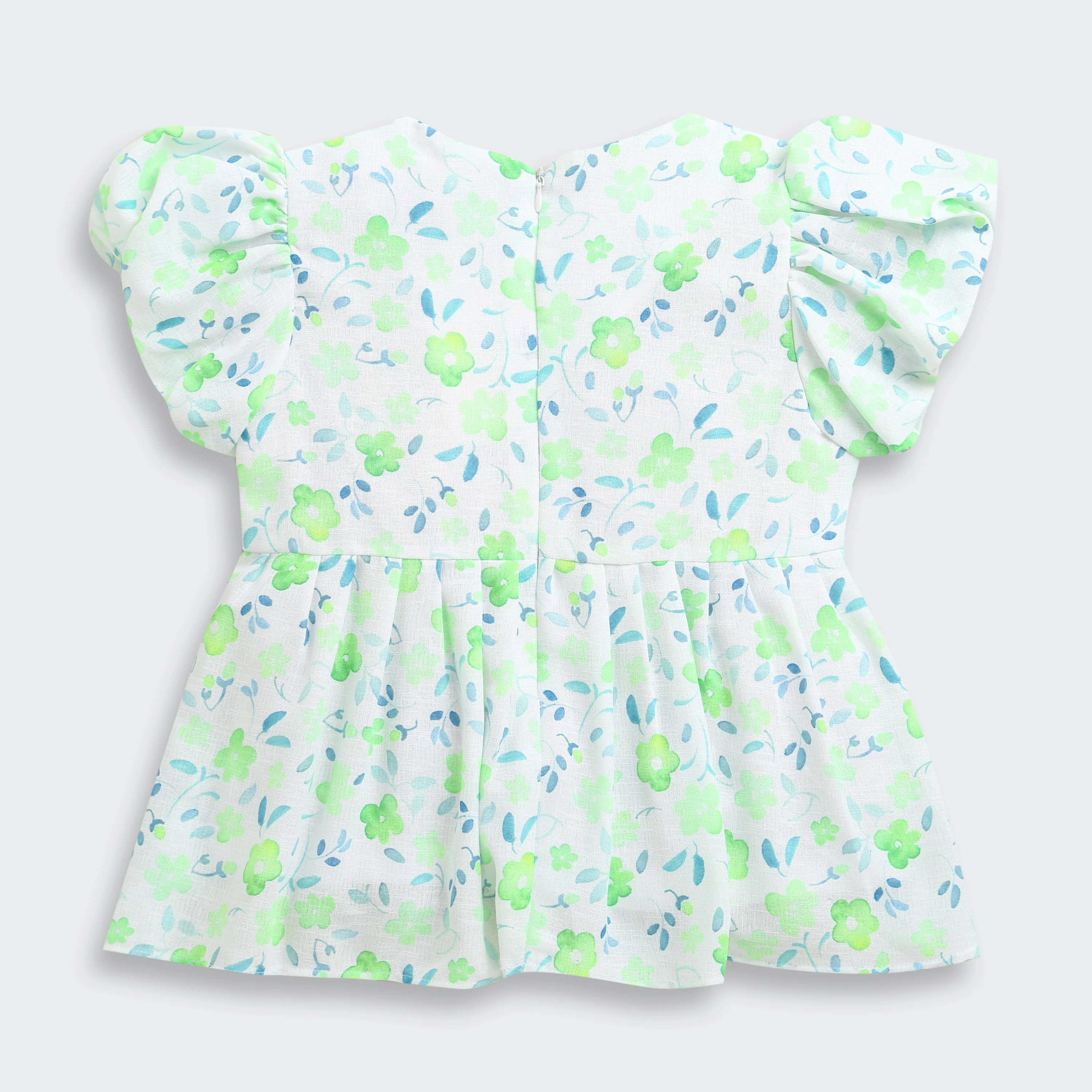 Green Floral Printed Cotton Top with Puff Sleeves TG6380 - Image 6
