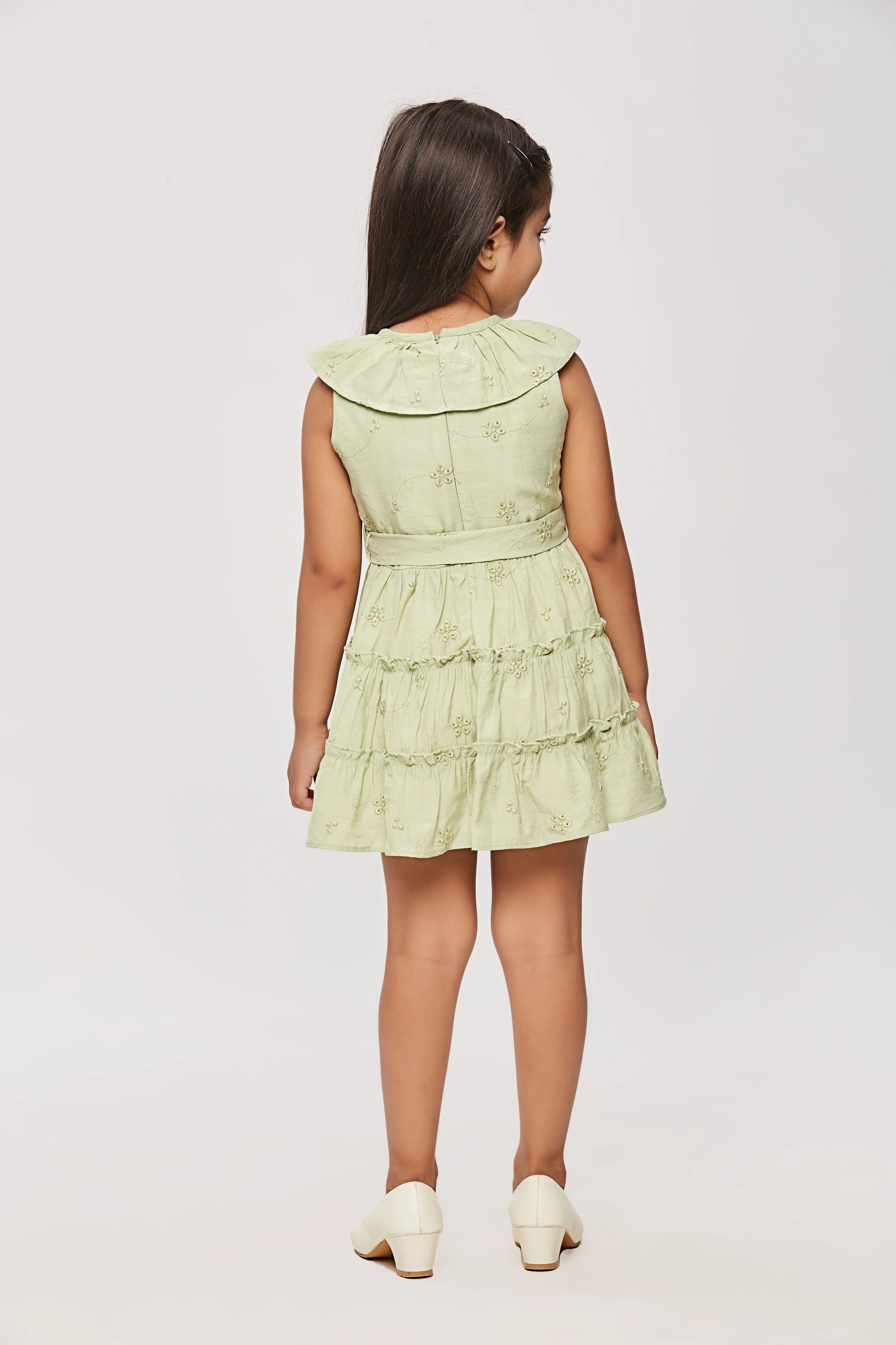 Girls Green Ruffle Collar Dress with Waist Bow TSM30456 - Image 2