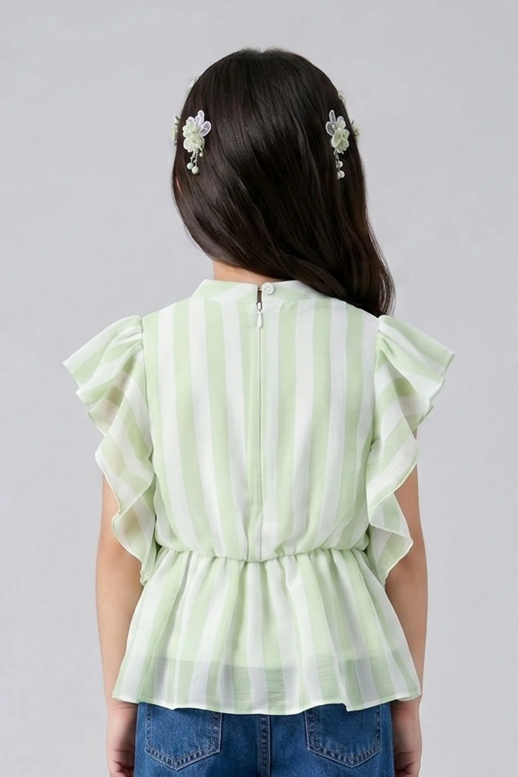 Green Striped Ruffle Sleeve Top TG5058 - Image 2