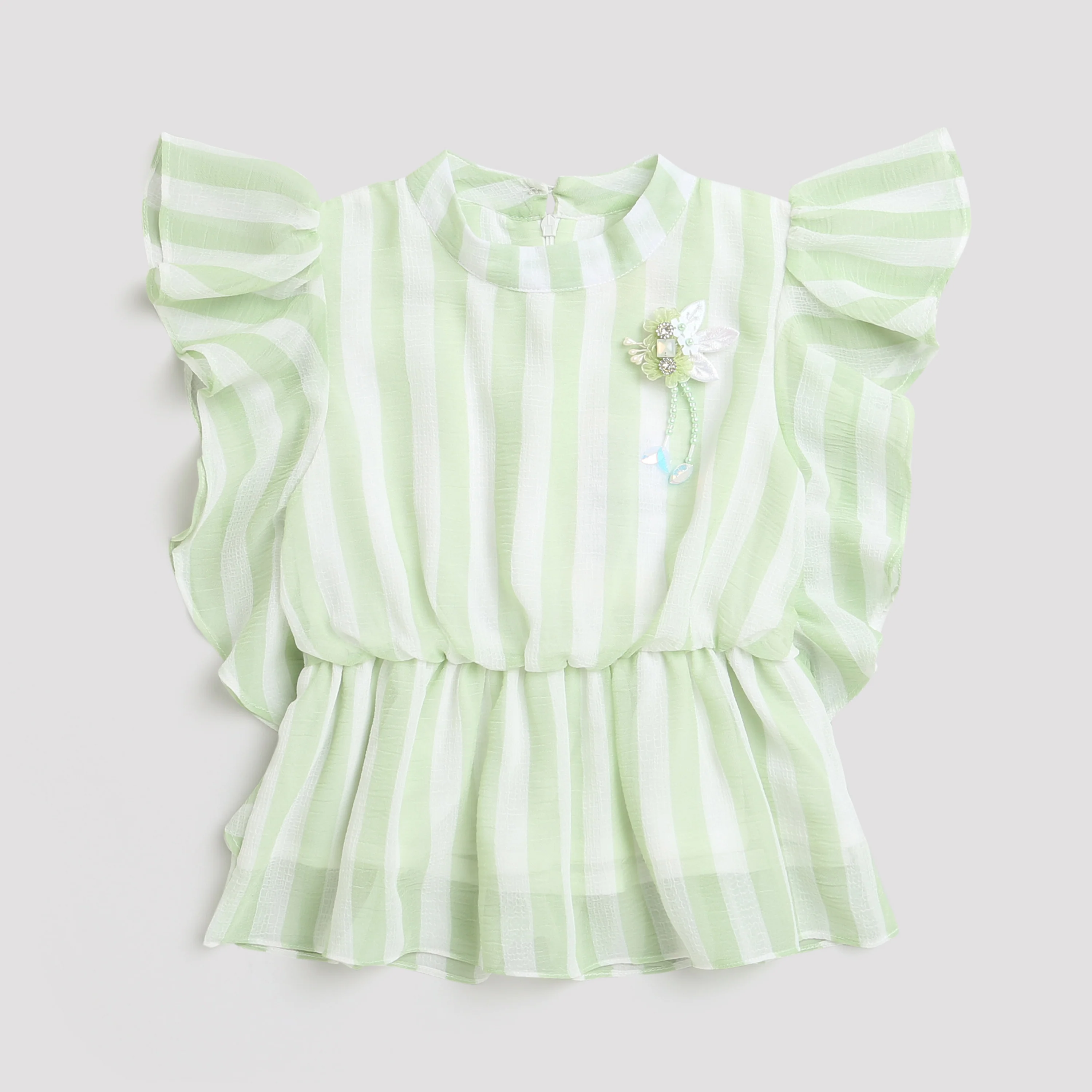 Green Striped Ruffle Sleeve Top TG5058 - Image 5