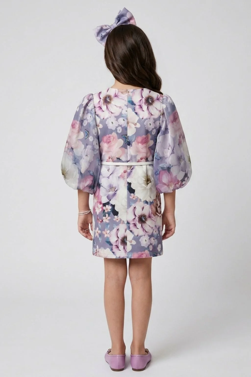 Lavender Floral Shift Dress with Puff Sleeves M2527 - Image 2