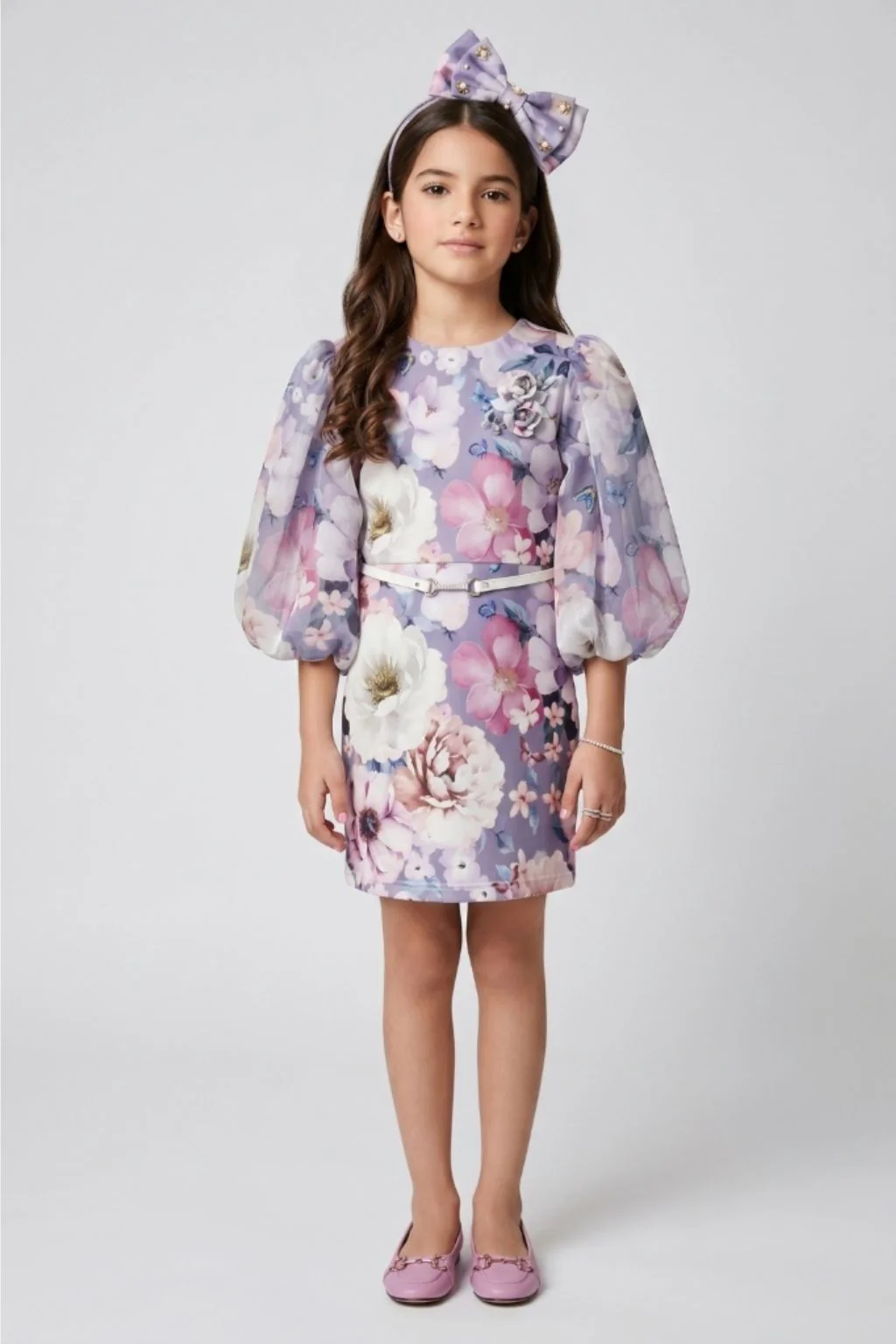 Lavender Floral Shift Dress with Puff Sleeves M2527 - Image 3
