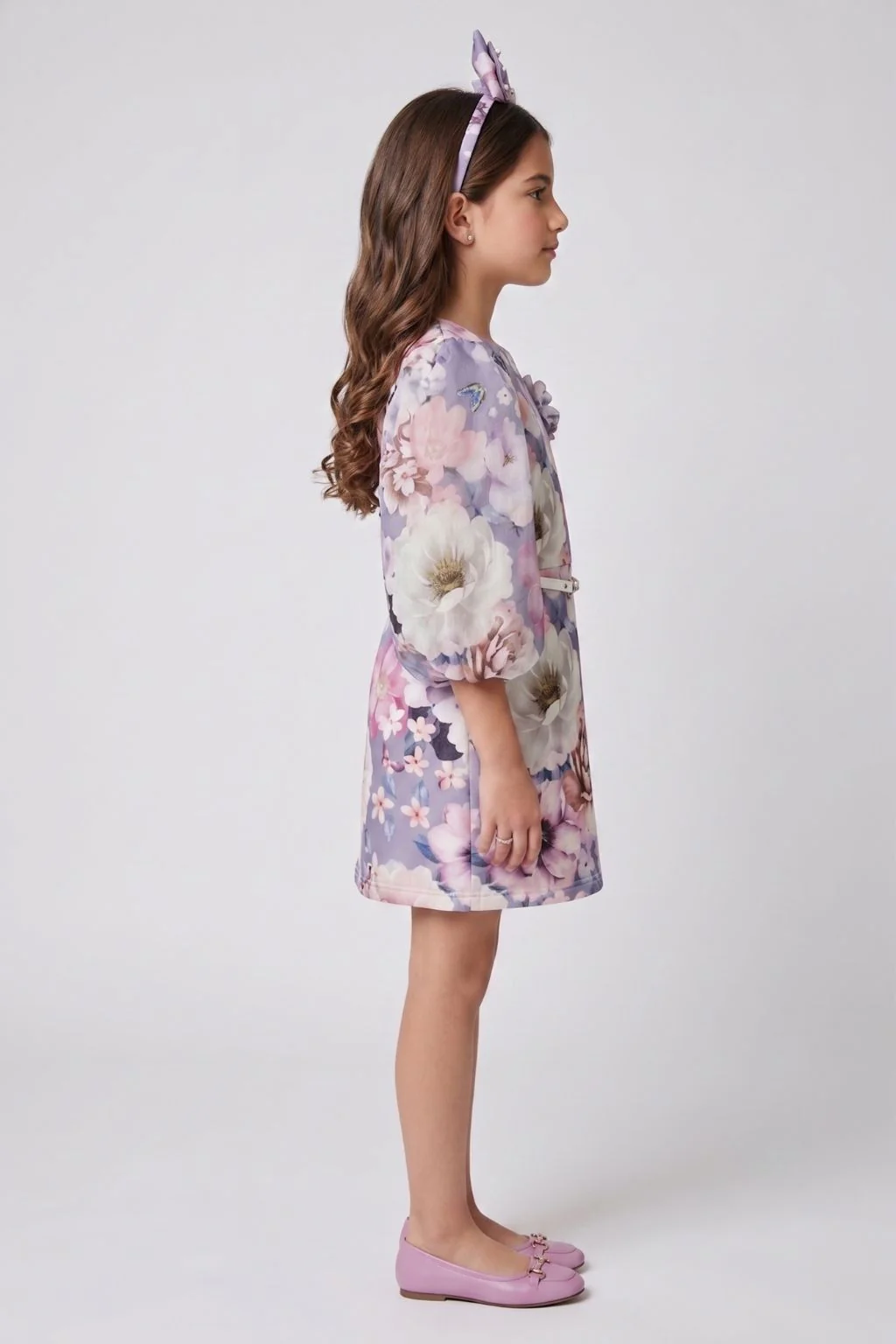 Lavender Floral Shift Dress with Puff Sleeves M2527 - Image 4