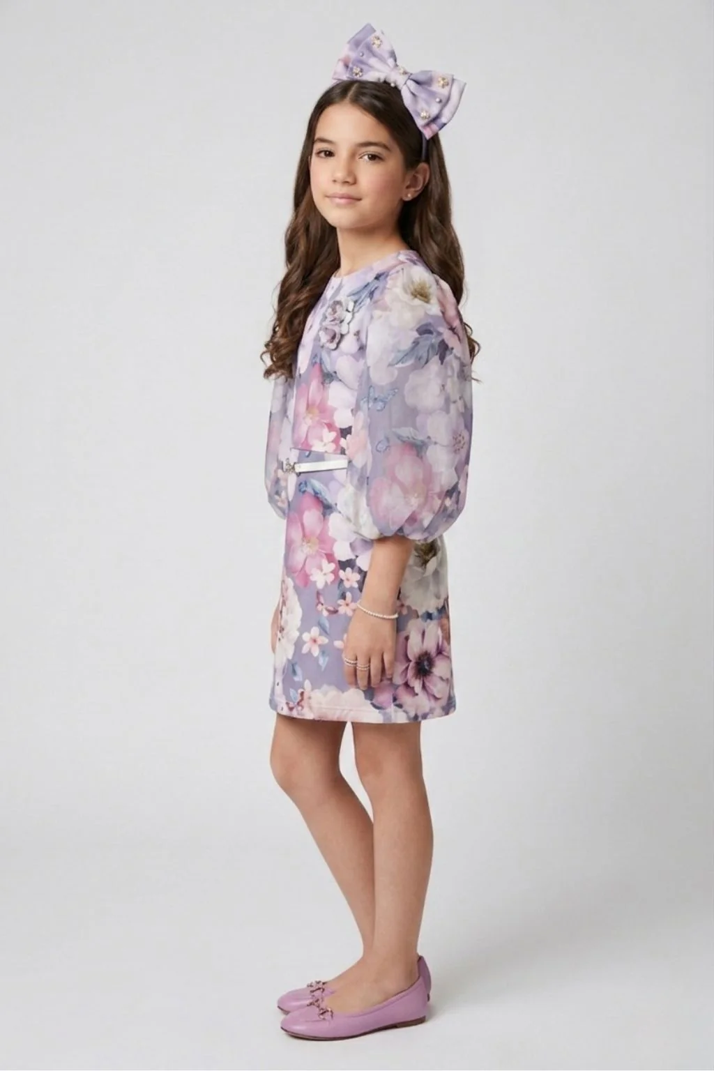 Lavender Floral Shift Dress with Puff Sleeves M2527 - Image 5
