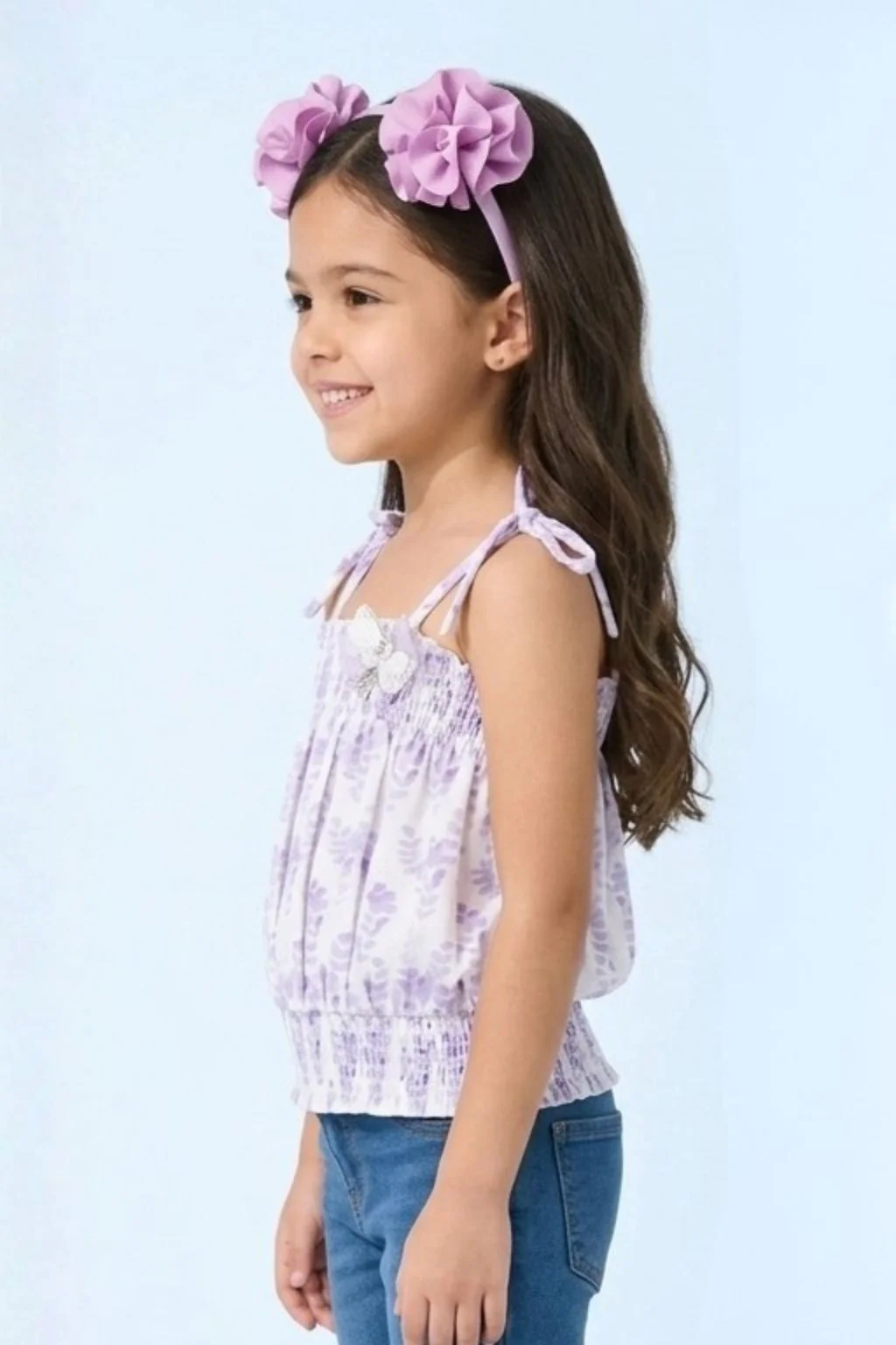 Lavender Floral Smocked Tie-Up Top with Shoulder Bows TG6376 - Image 4