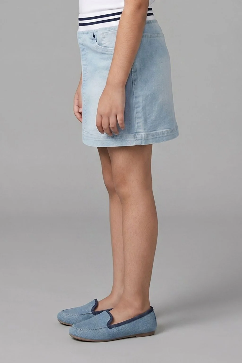 Light Blue Denim Skirt with Striped Waistband S871 - Image 3