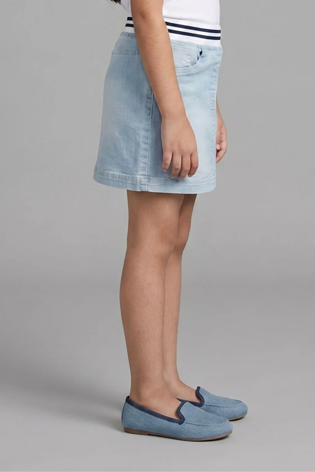 Light Blue Denim Skirt with Striped Waistband S871 - Image 4