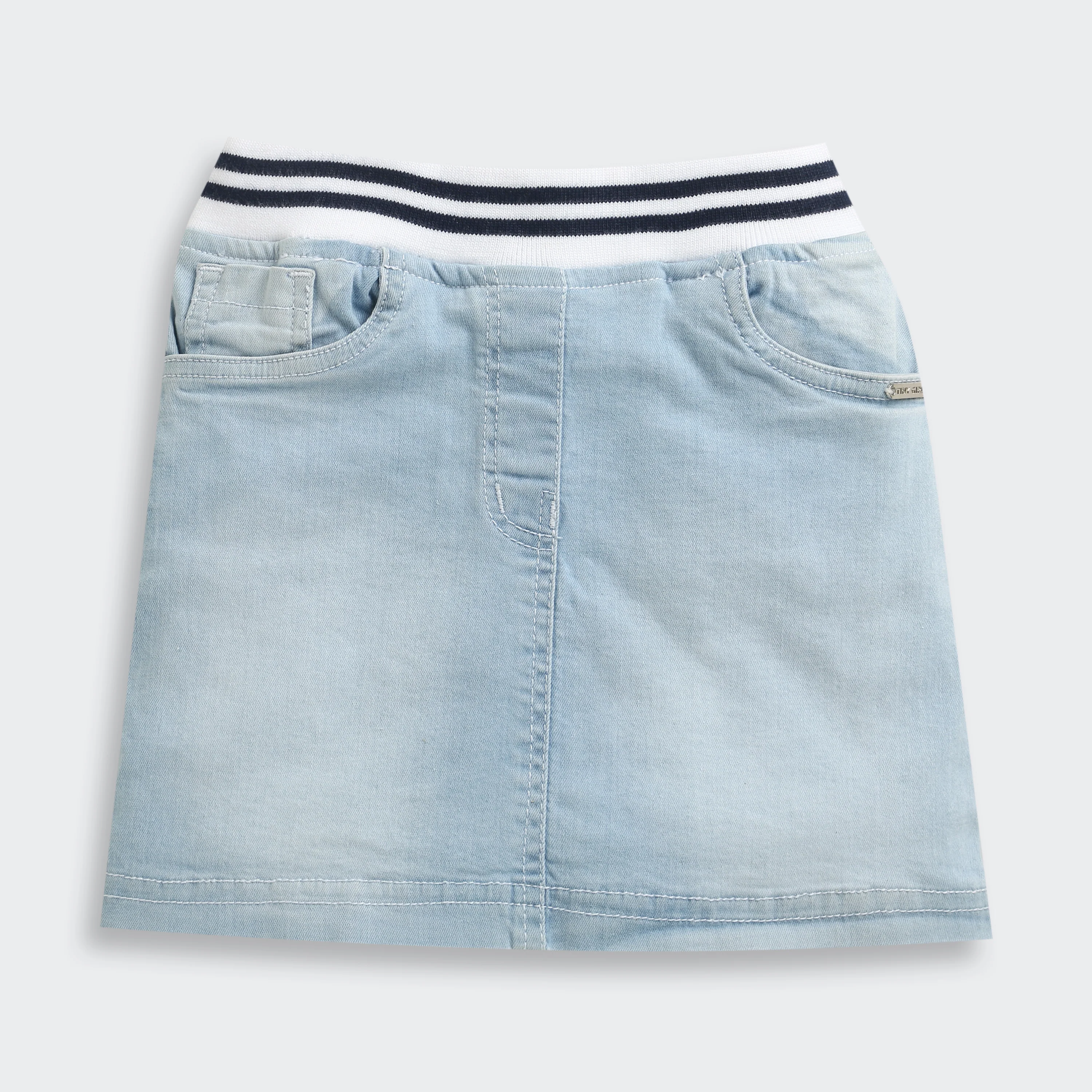 Light Blue Denim Skirt with Striped Waistband S871 - Image 5
