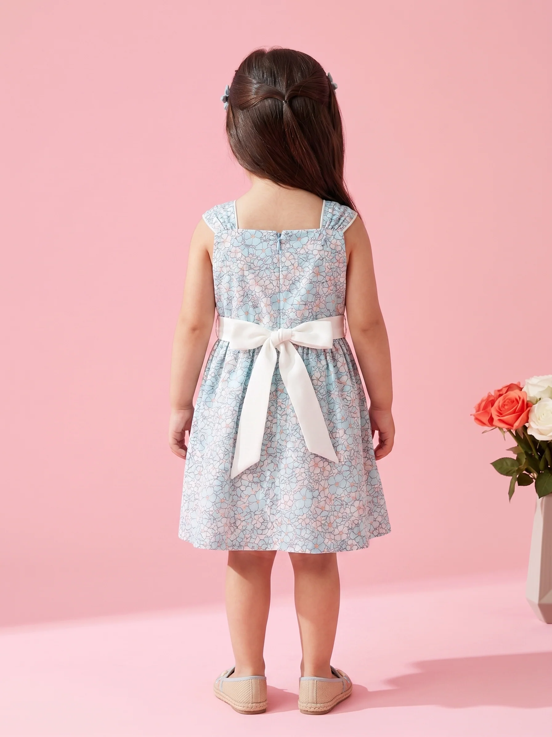 Light Blue Floral Sleeveless Party Dress with Bow Belt TSM30480 - Image 2