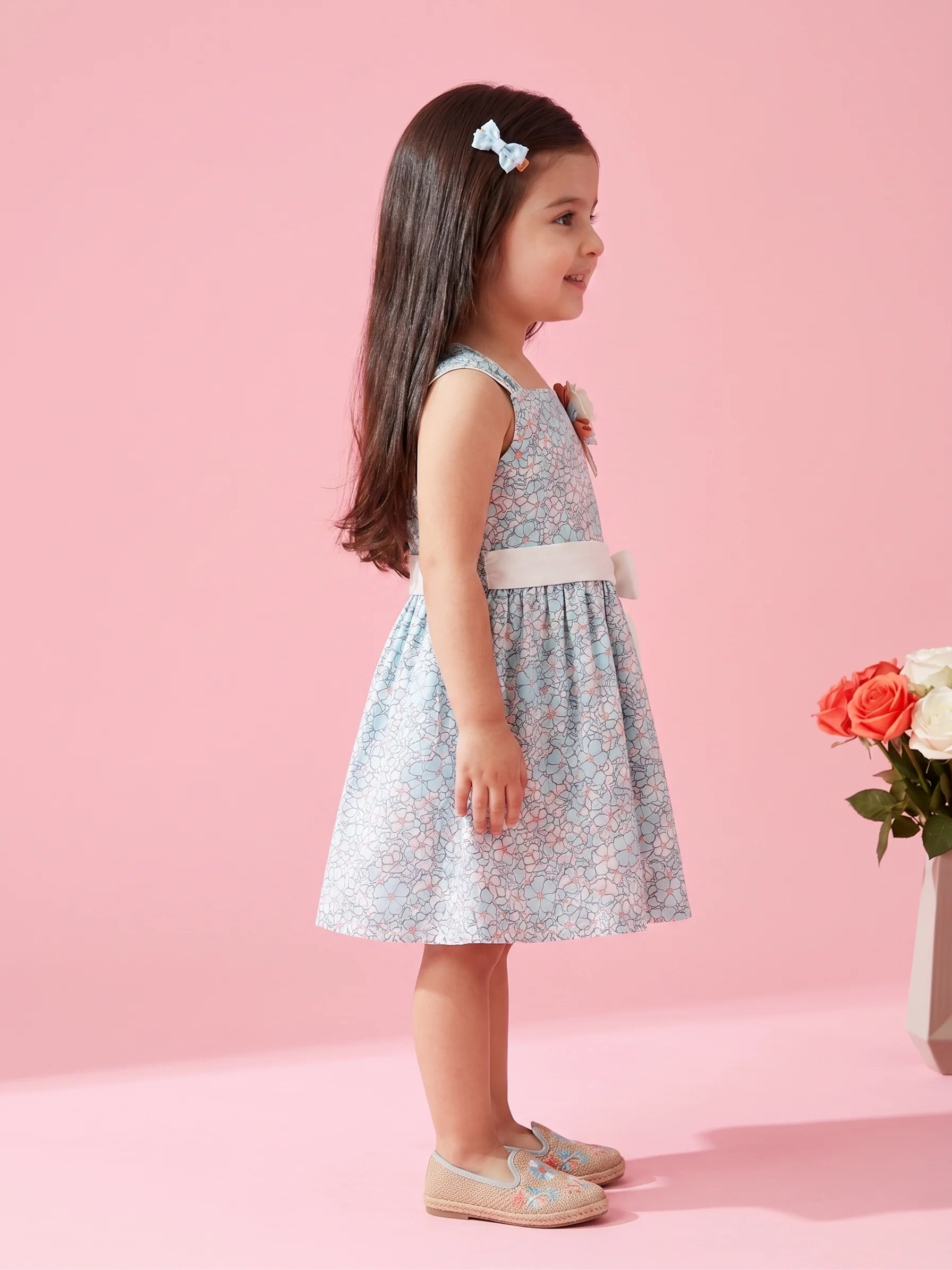 Light Blue Floral Sleeveless Party Dress with Bow Belt TSM30480 - Image 3