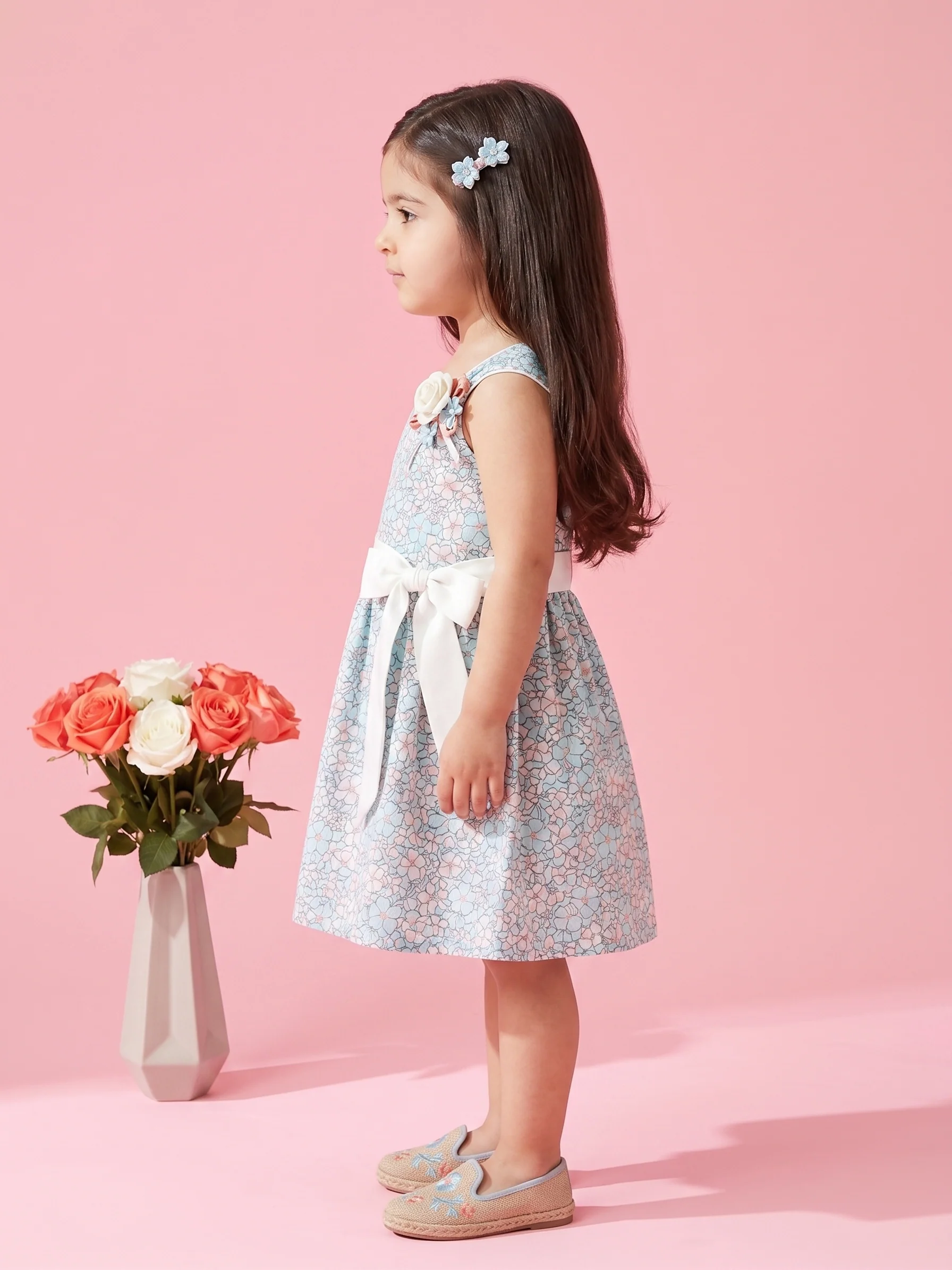 Light Blue Floral Sleeveless Party Dress with Bow Belt TSM30480 - Image 4