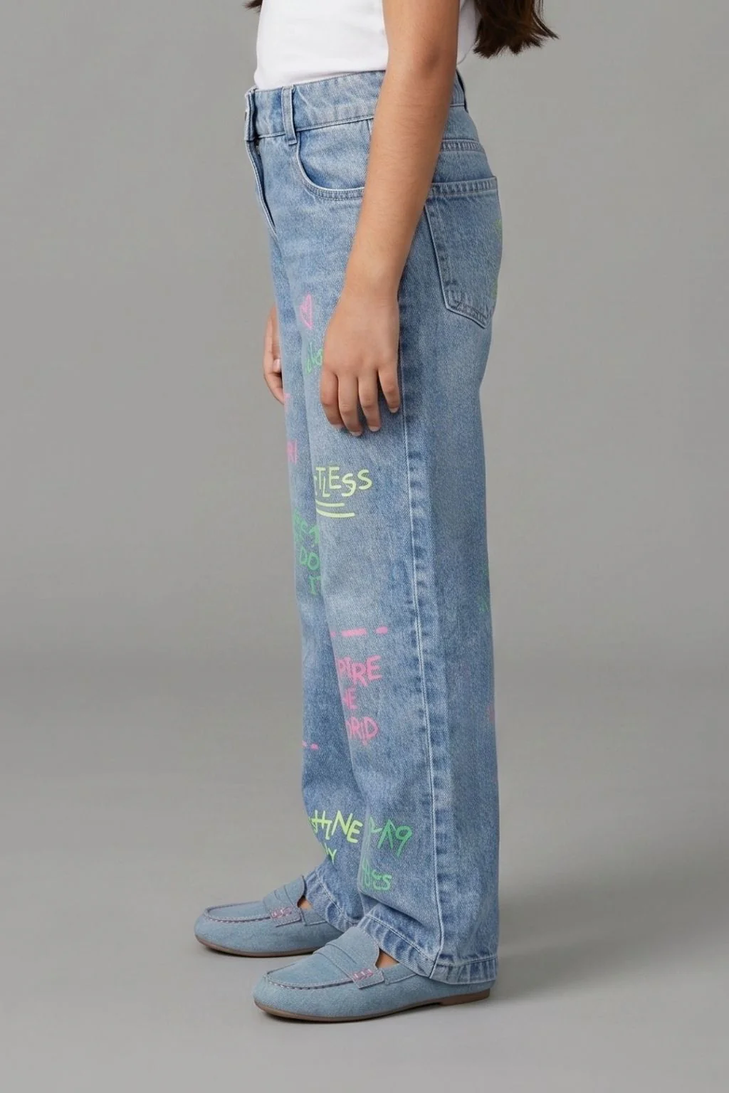Light Blue Happy Vibes Statement Denim Pant P1551 - Image 3