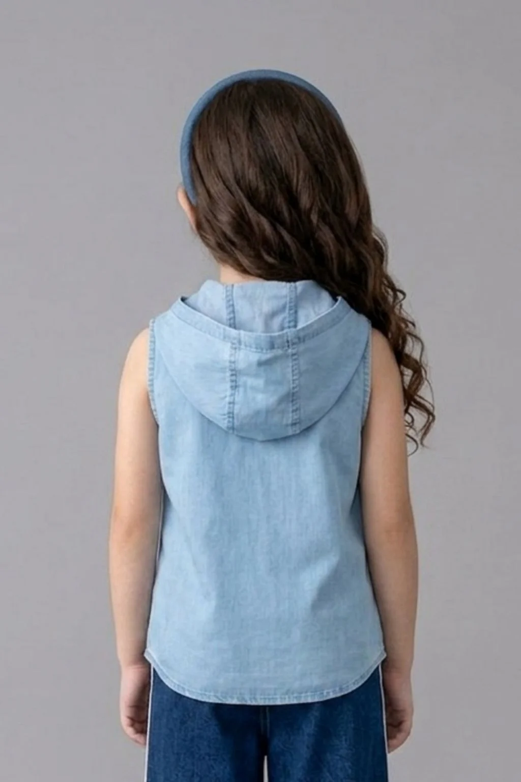 Light Blue Sleeveless Denim Hooded Top TG5018 - Image 2