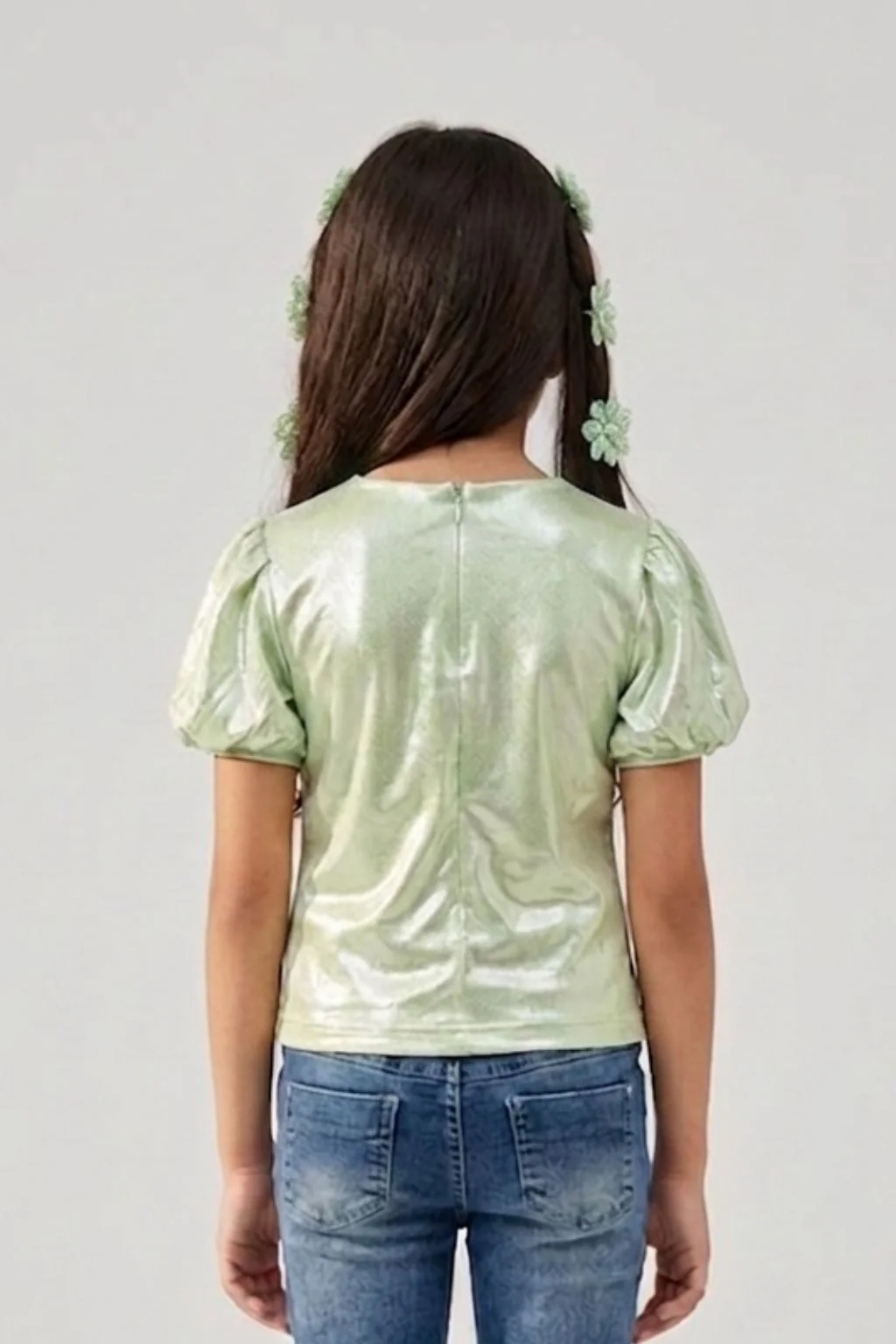 Light Green Shimmer Puff Sleeve Top TG5055 - Image 2