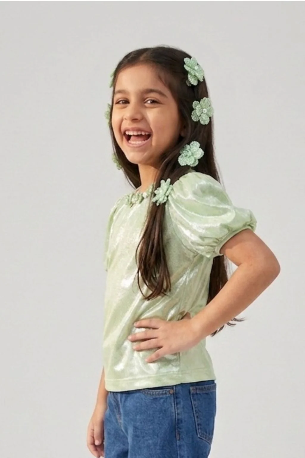 Light Green Shimmer Puff Sleeve Top TG5055 - Image 3