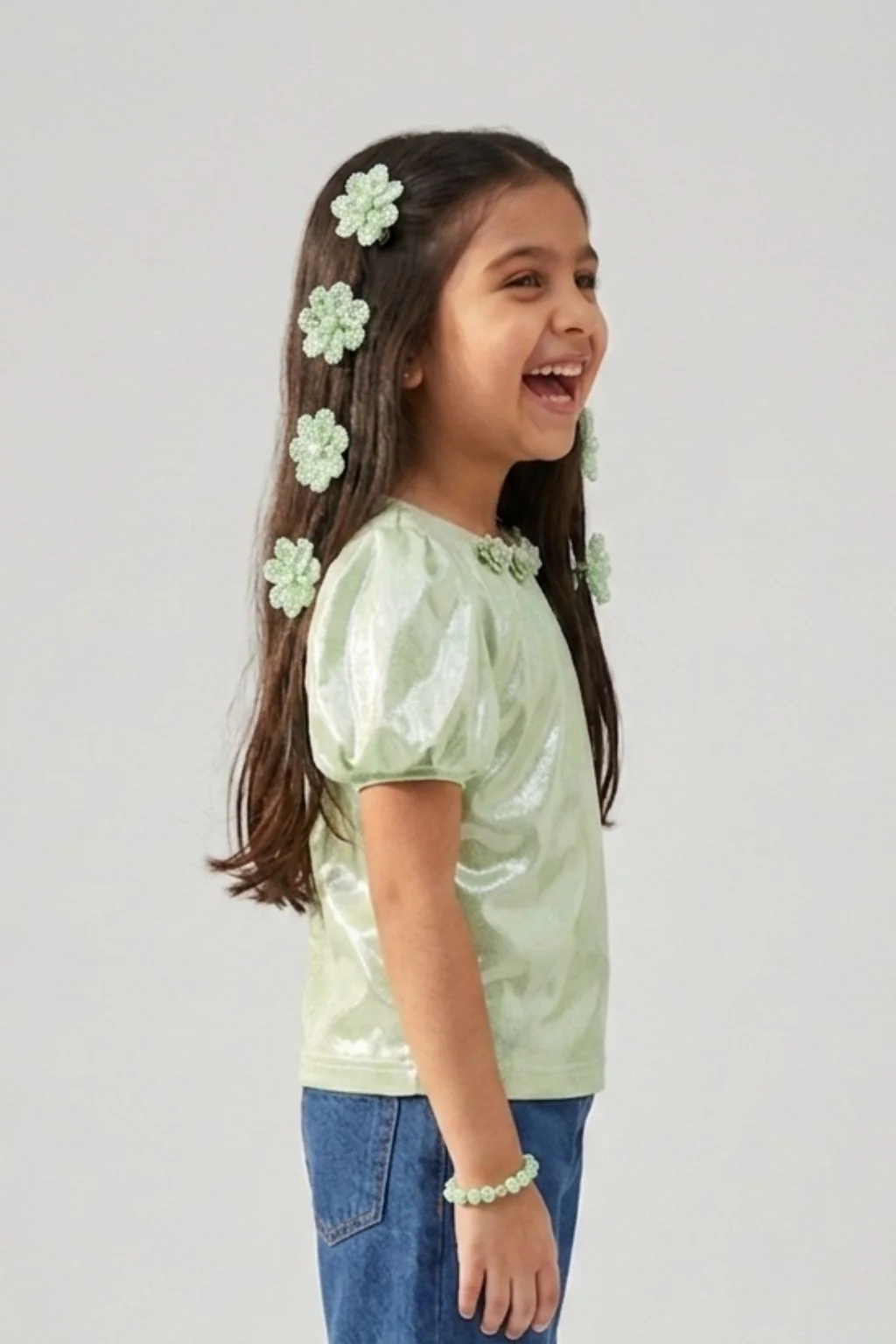 Light Green Shimmer Puff Sleeve Top TG5055 - Image 4