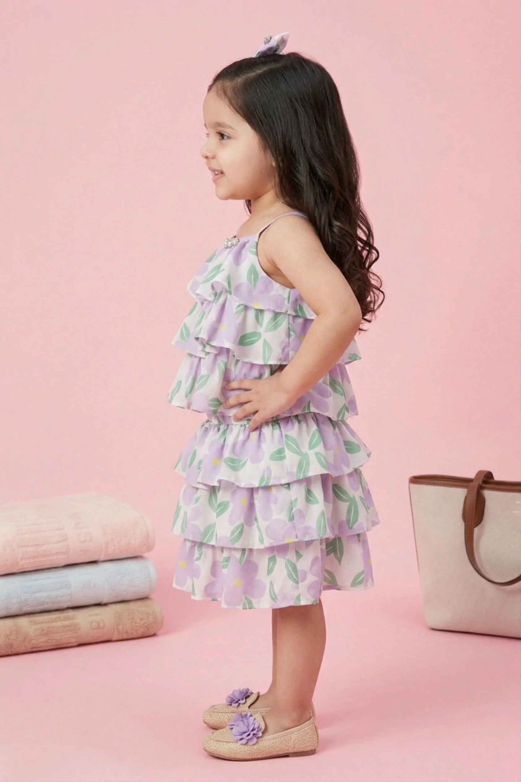 Lilac Floral Tiered Ruffle Top & Skirt Set TSSET40388 - Image 3