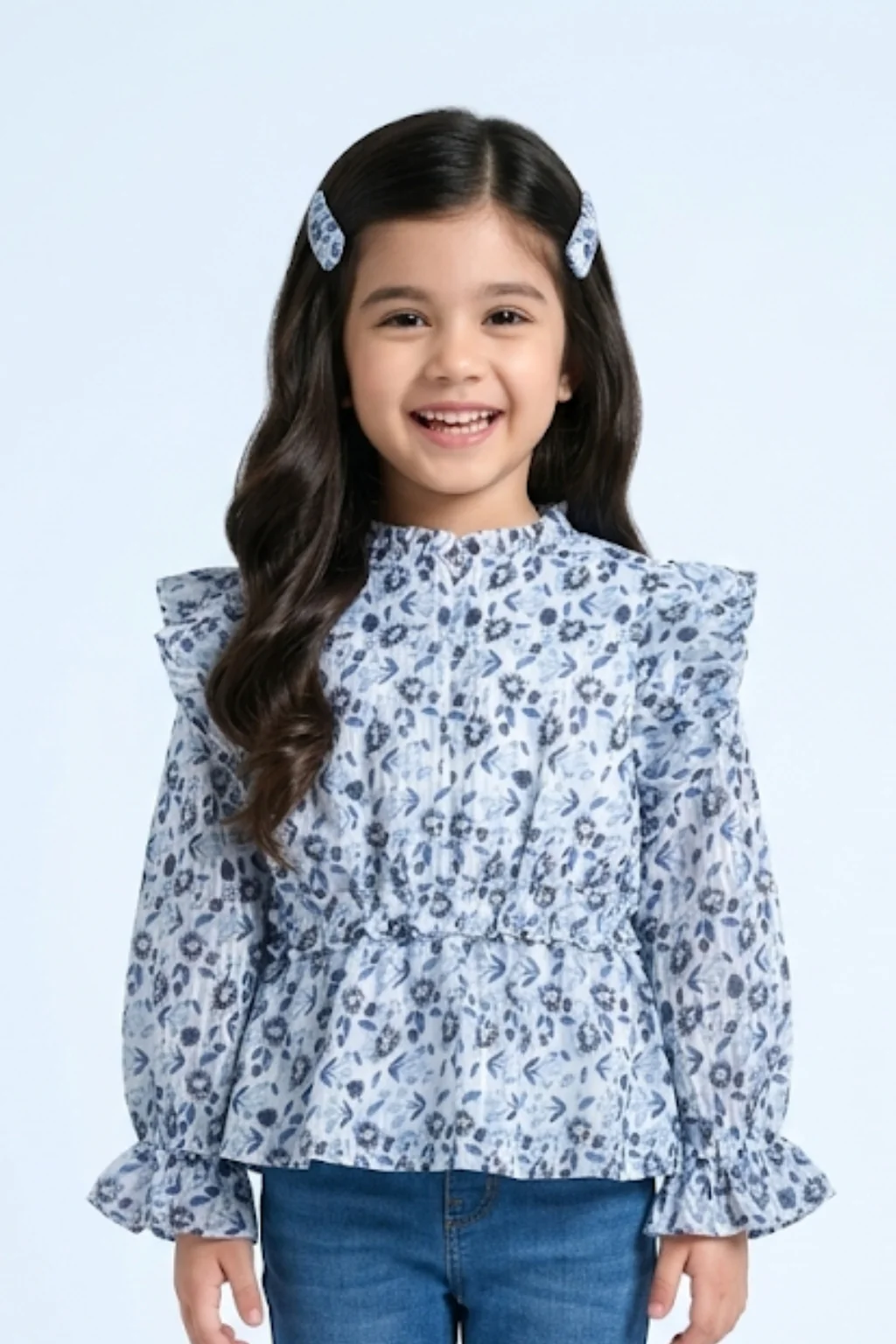 Long Sleeve Elegant Blue Floral Ruffle Peplum Top TG6064