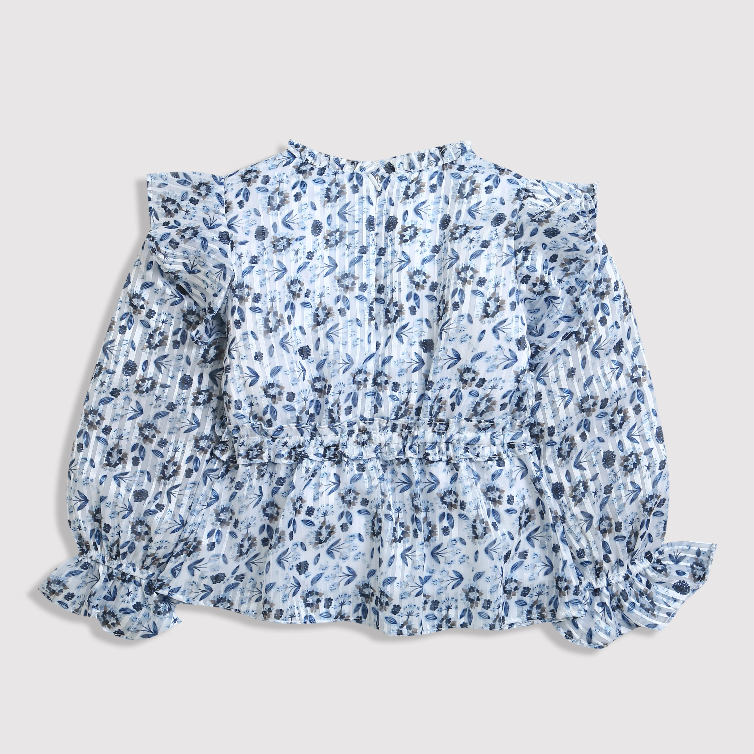 Long Sleeve Elegant Blue Floral Ruffle Peplum Top TG6064 - Image 5