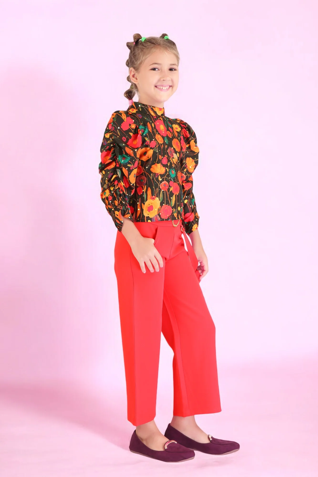 Girls Floral Top with Red Culottes Set - Image 3