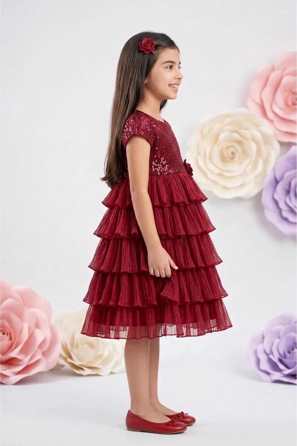 Maroon Layered Net Party Dress M2397 - Image 3