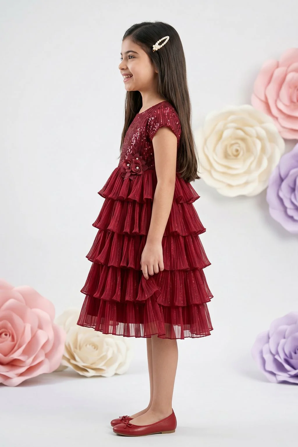 Maroon Layered Net Party Dress M2397 - Image 4