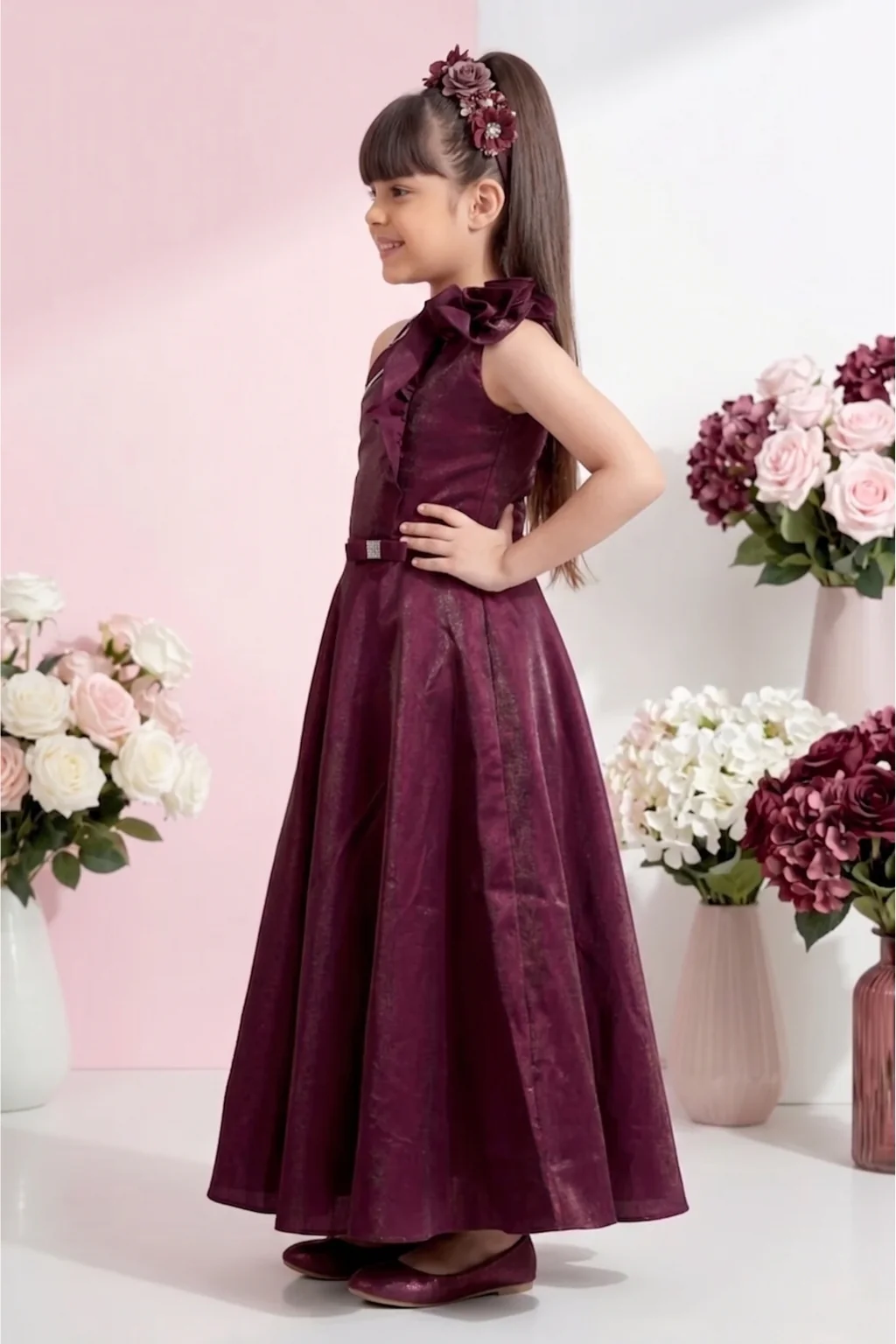 Maroon One-Shoulder Party Wear Gown G383 - Image 3
