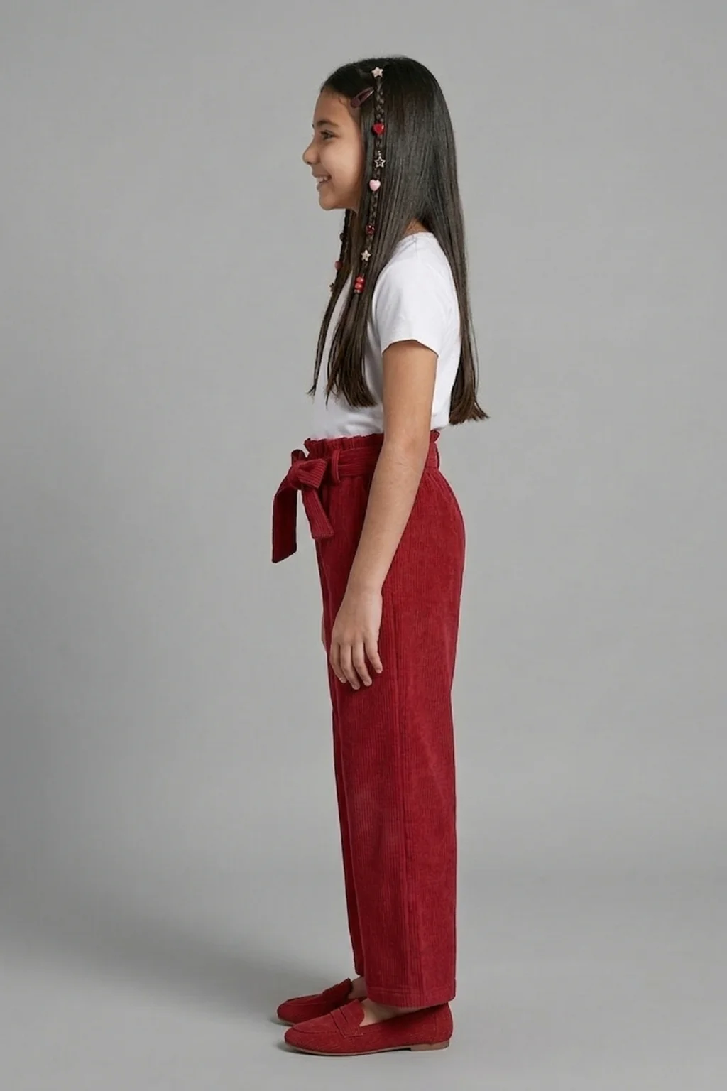 Maroon Ribbed Wide-Leg Pants with Tie-Up Waist PL245 - Image 3