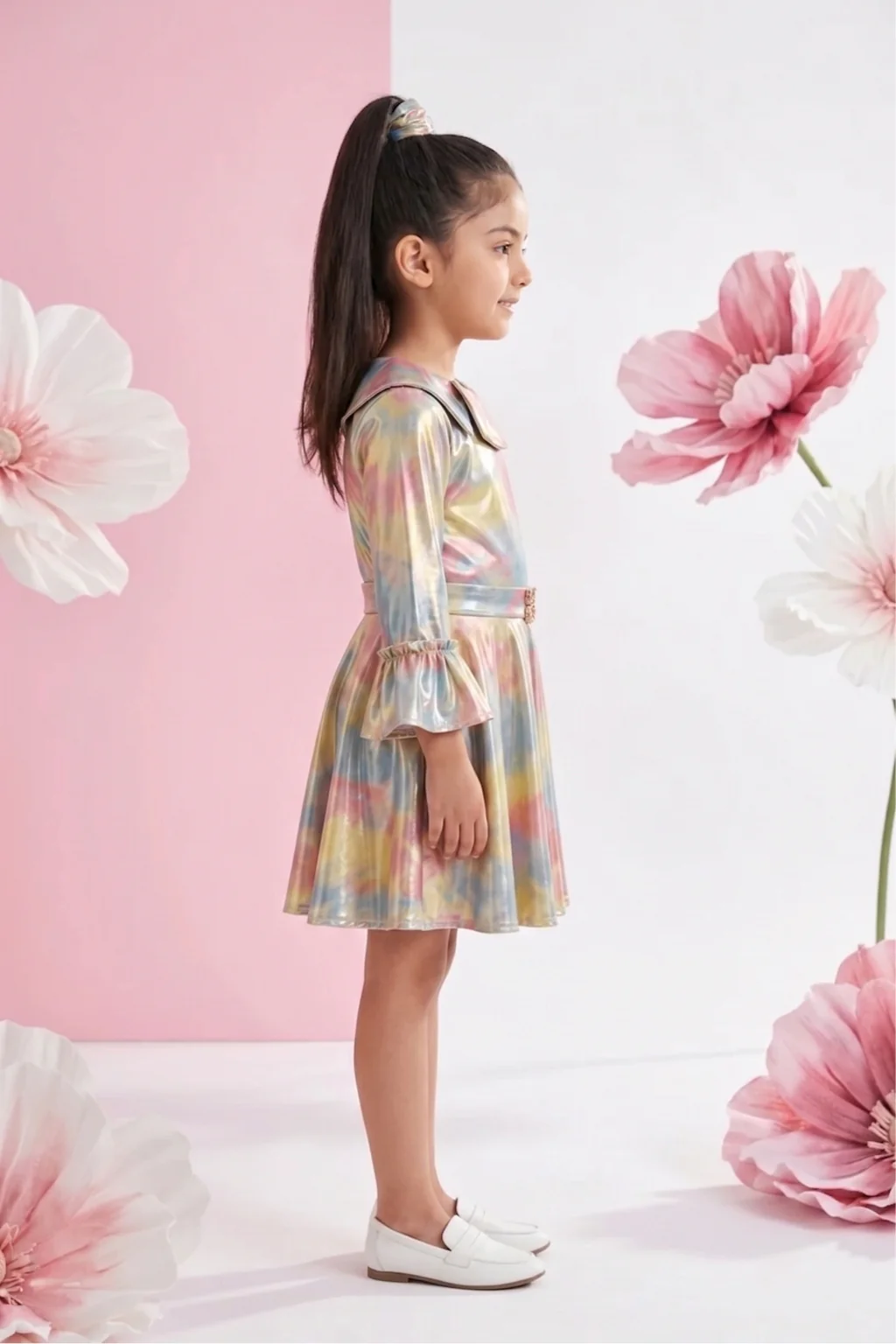 Metallic Rainbow Flare Dress with Statement Collar Belt M2147 - Image 3