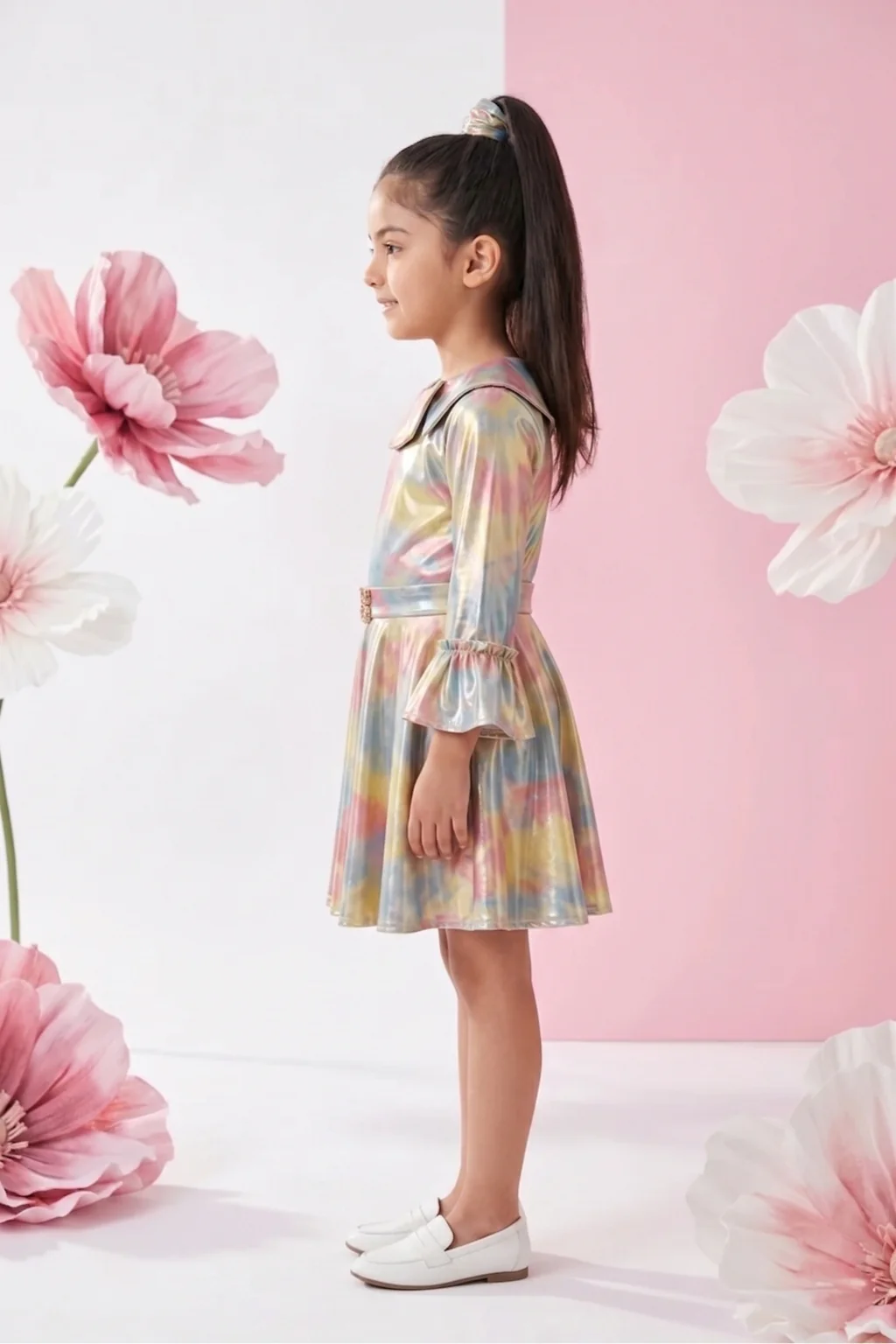Metallic Rainbow Flare Dress with Statement Collar Belt M2147 - Image 4