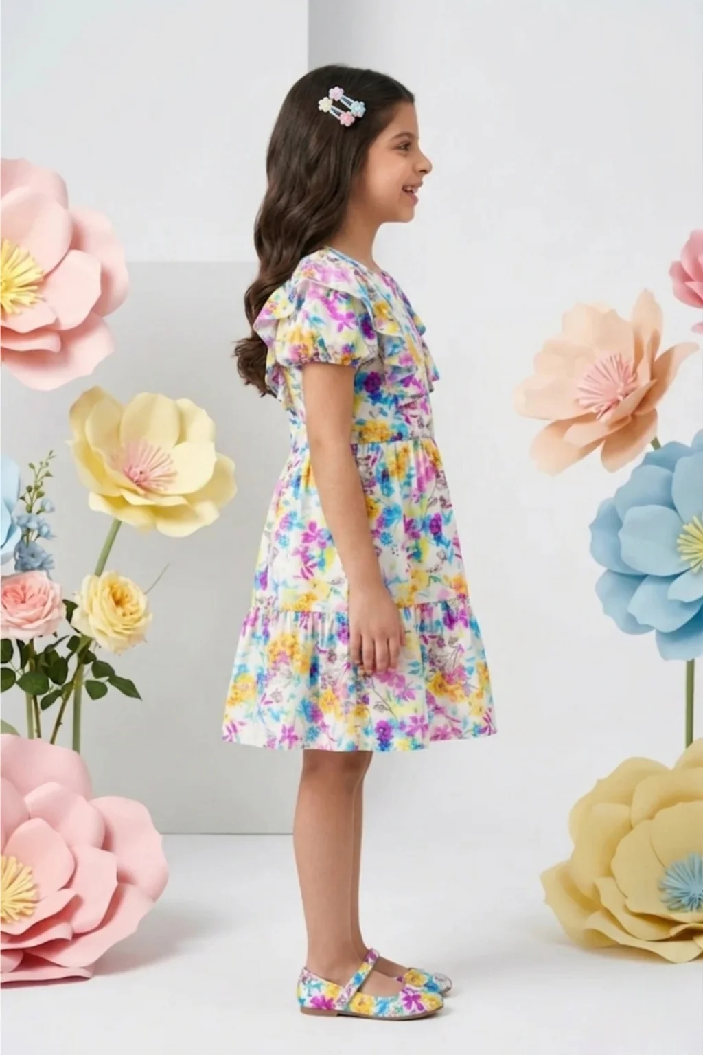 Pink Floral Puff Sleeve Dress M2428 - Image 3