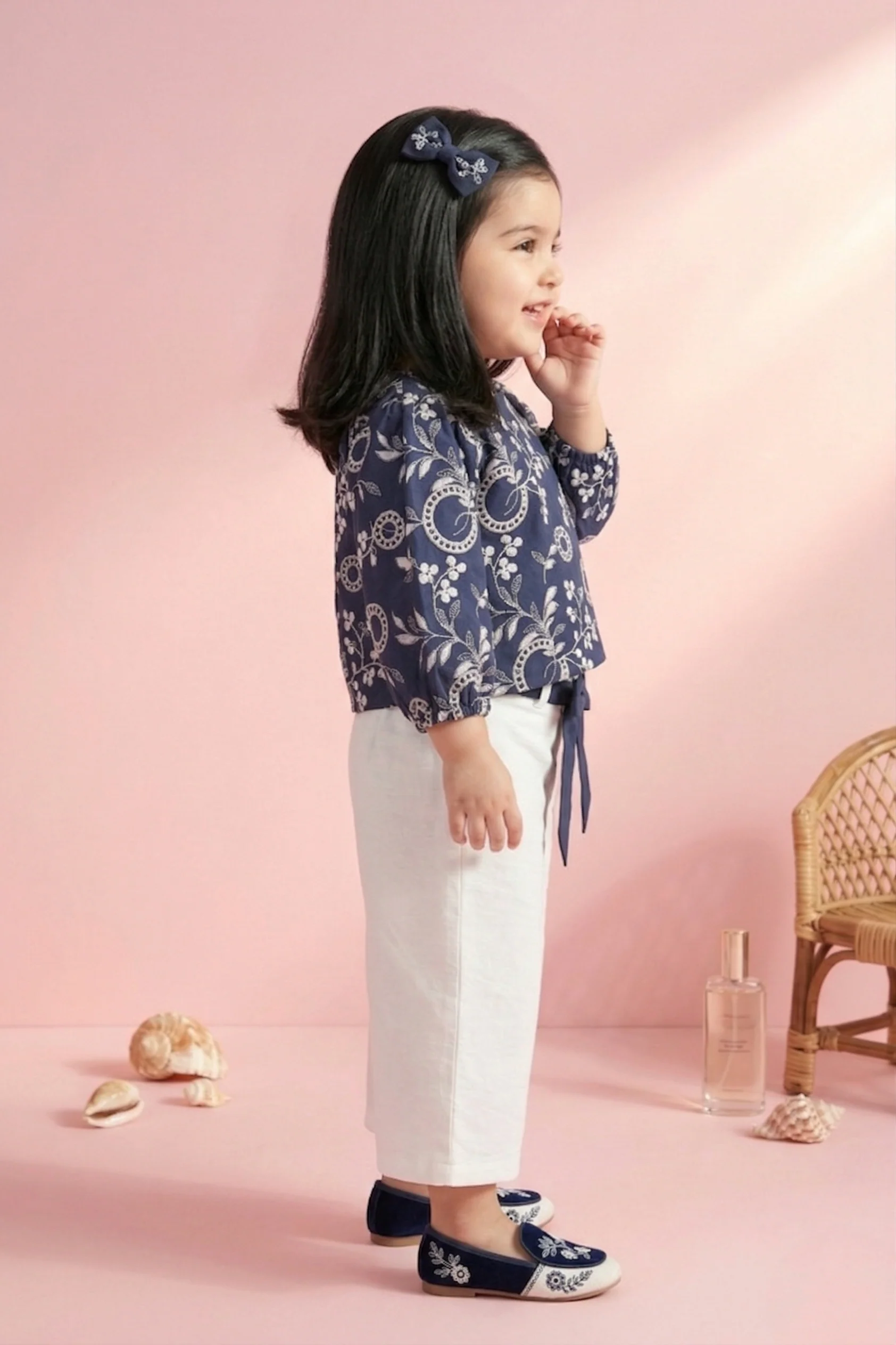 Navy Floral Top & Ivory Wide-Leg Pants Set TSSET40562 - Image 4