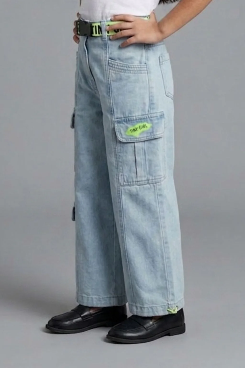 Neon Belt & Pocket Flap Cargo Denim Pants 1632 - Image 4