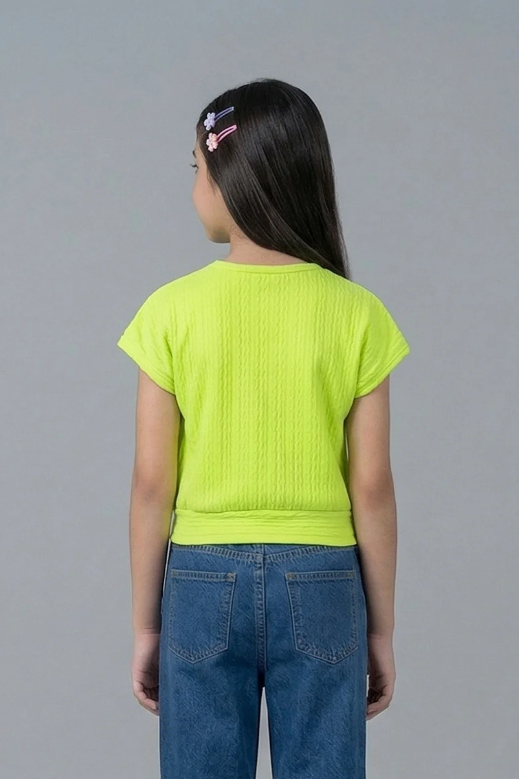 Neon Green Ribbed Cotton T-Shirt with Floral Button TG6201 - Image 2