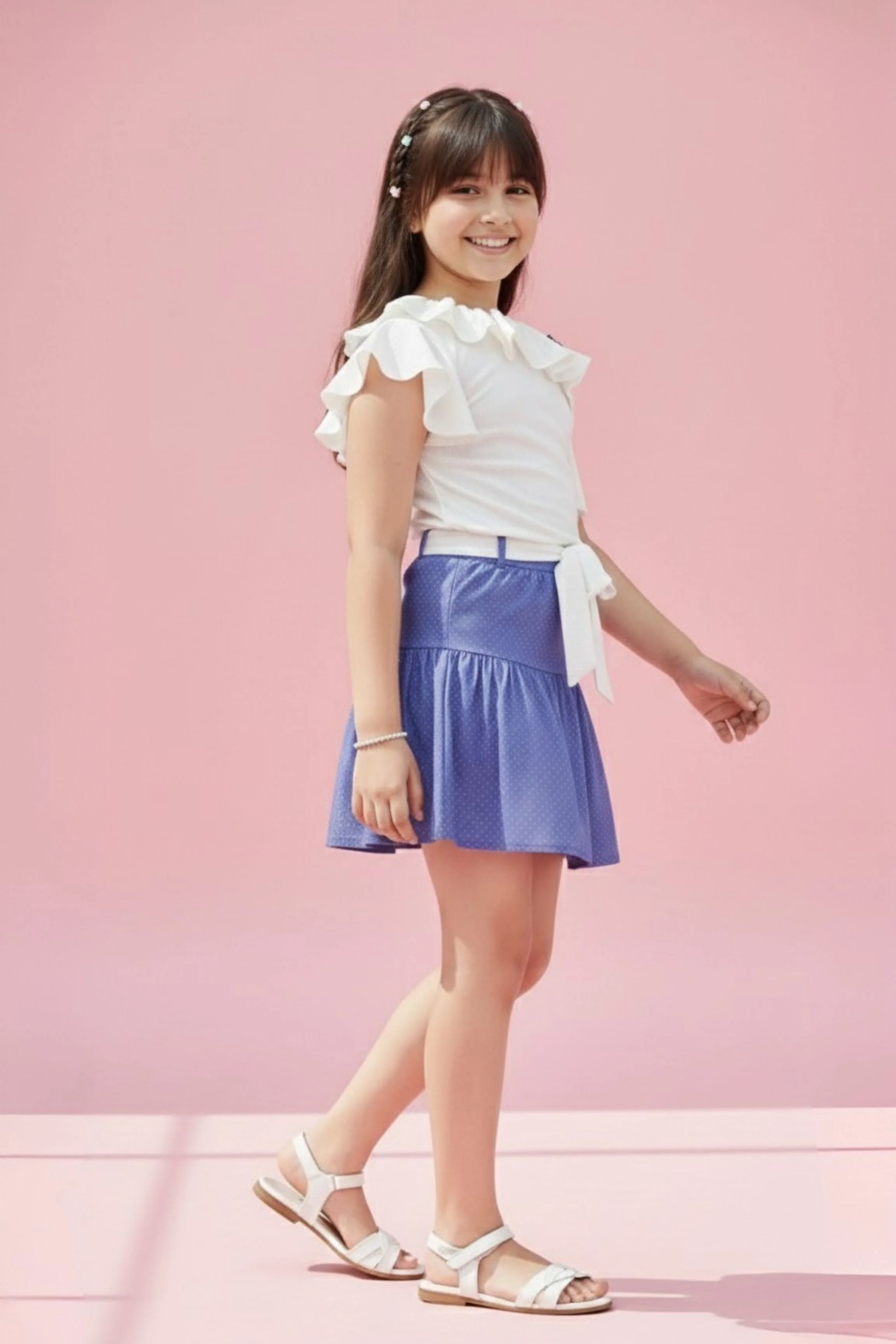 Off White Ruffle Top with Blue Mini Skirt Co-Ord Set SET951 - Image 3