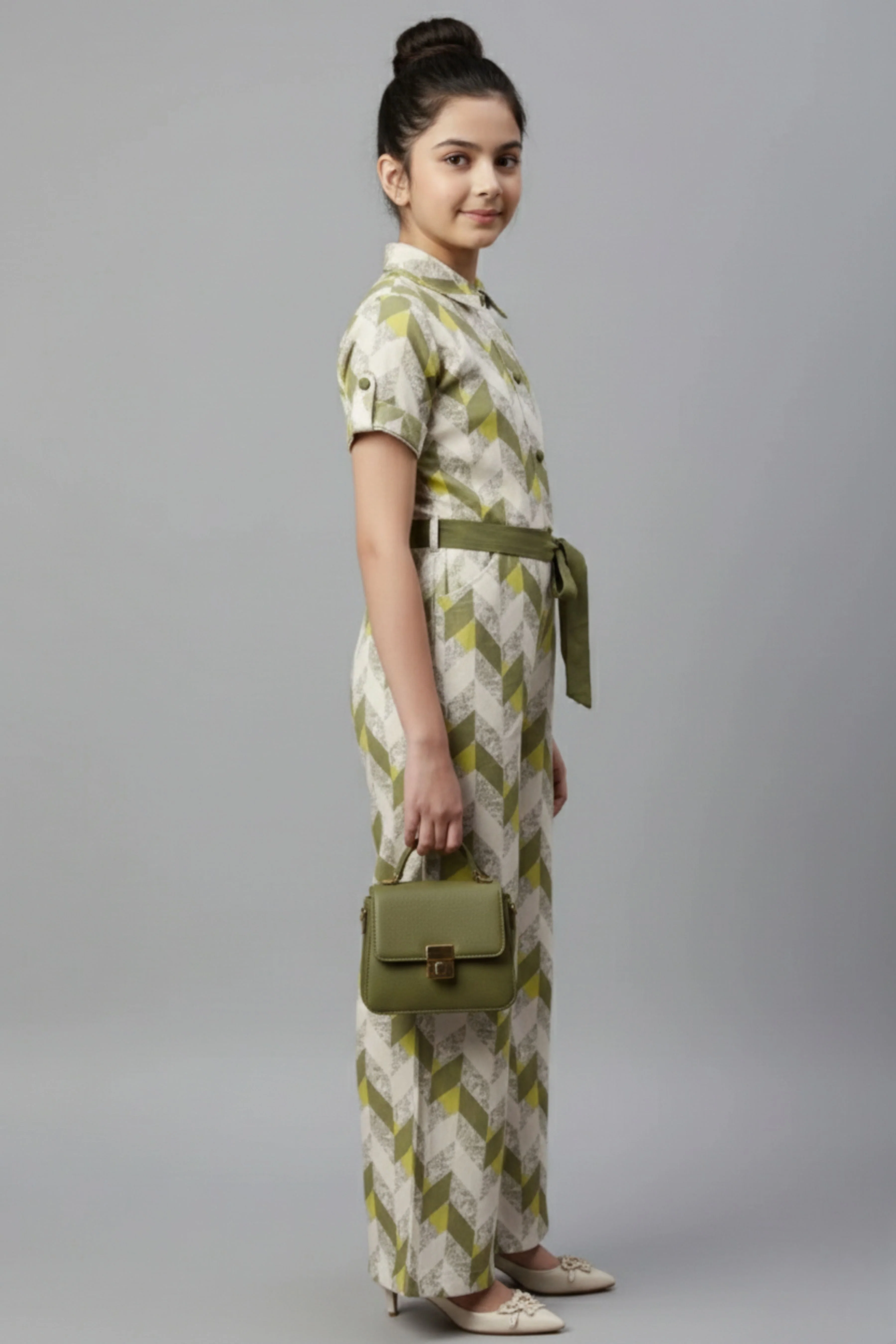 Olive Green Geometric Print Jumpsuit with Belt JP377 - Image 5