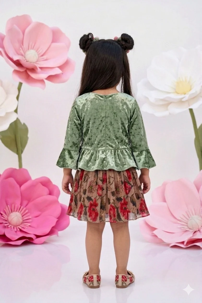 Olive Velvet Peplum Top & Floral Skirt Set TSSET40532 - Image 2