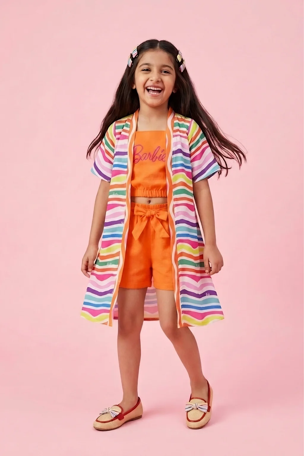 Orange Barbie Co-ord Set with Striped Shrug BASET321 - Image 3