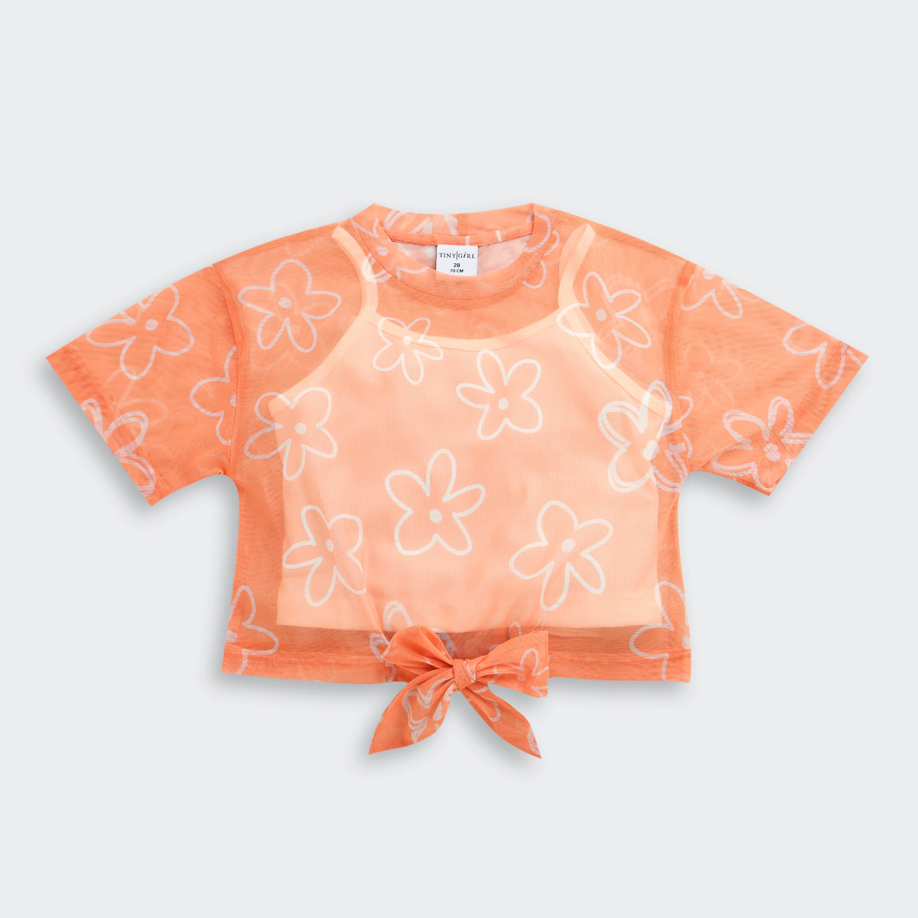 Orange Floral Mesh Tie-Up Top with Inner Camisole TG6378 - Image 5