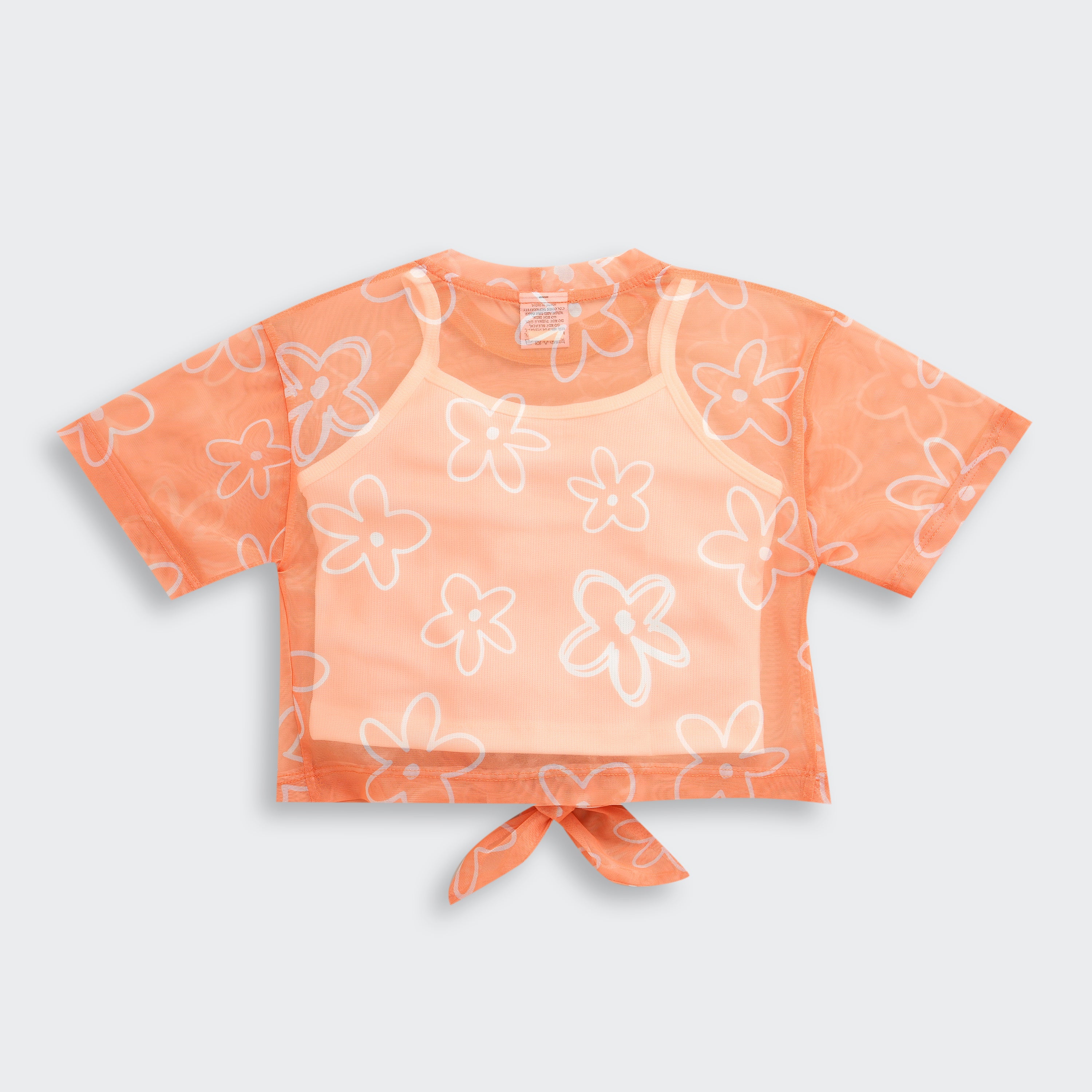 Orange Floral Mesh Tie-Up Top with Inner Camisole TG6378 - Image 6