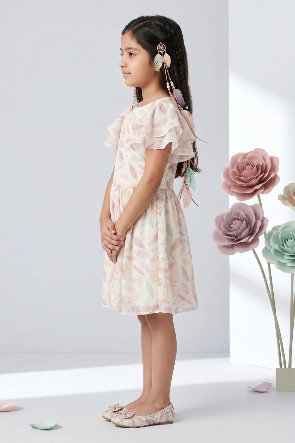 Pastel Feather Print Ruffle Sleeve Dress M2288 - Image 3