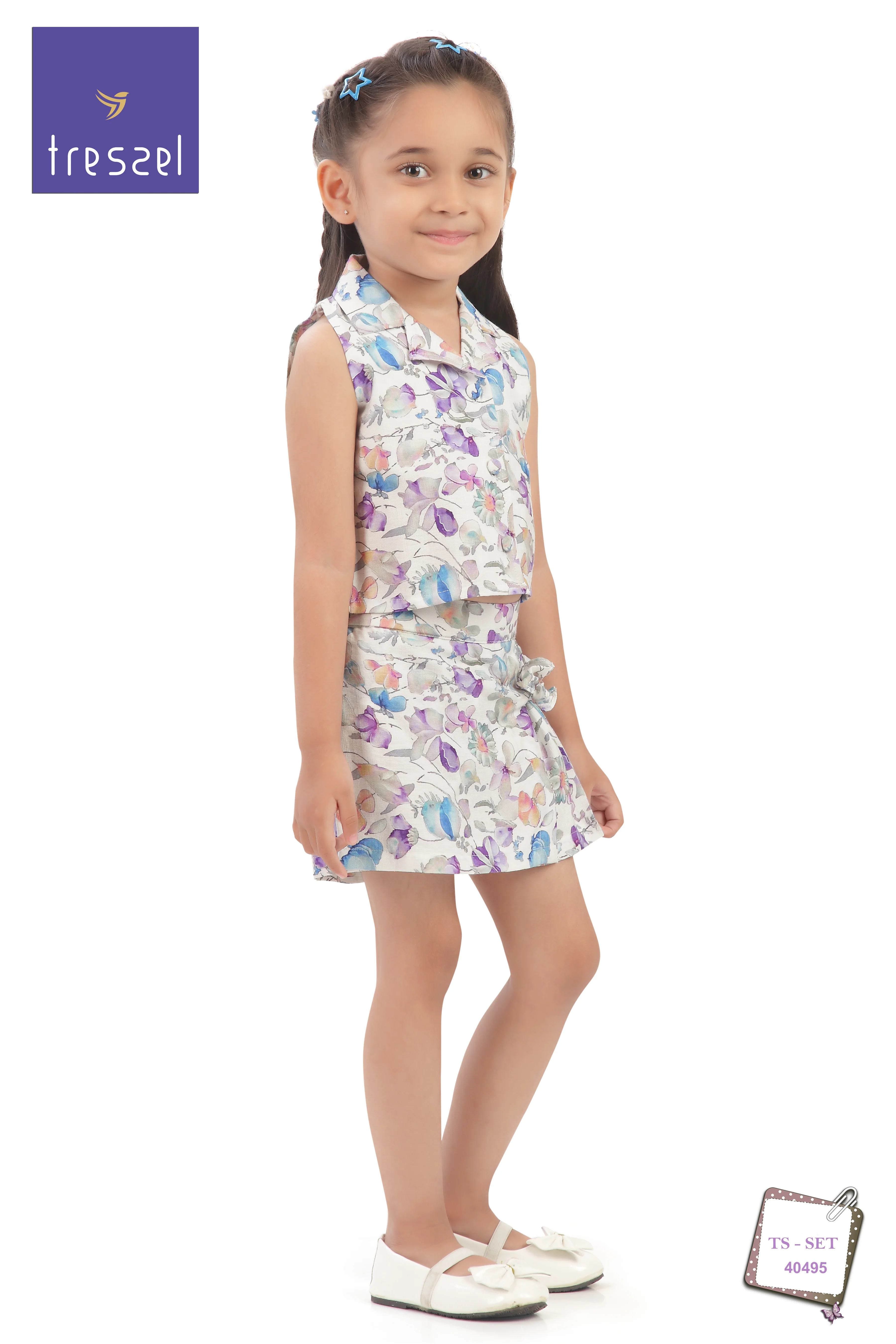 Pastel Floral Collar Top & Skirt Set TSSET40495 - Image 7