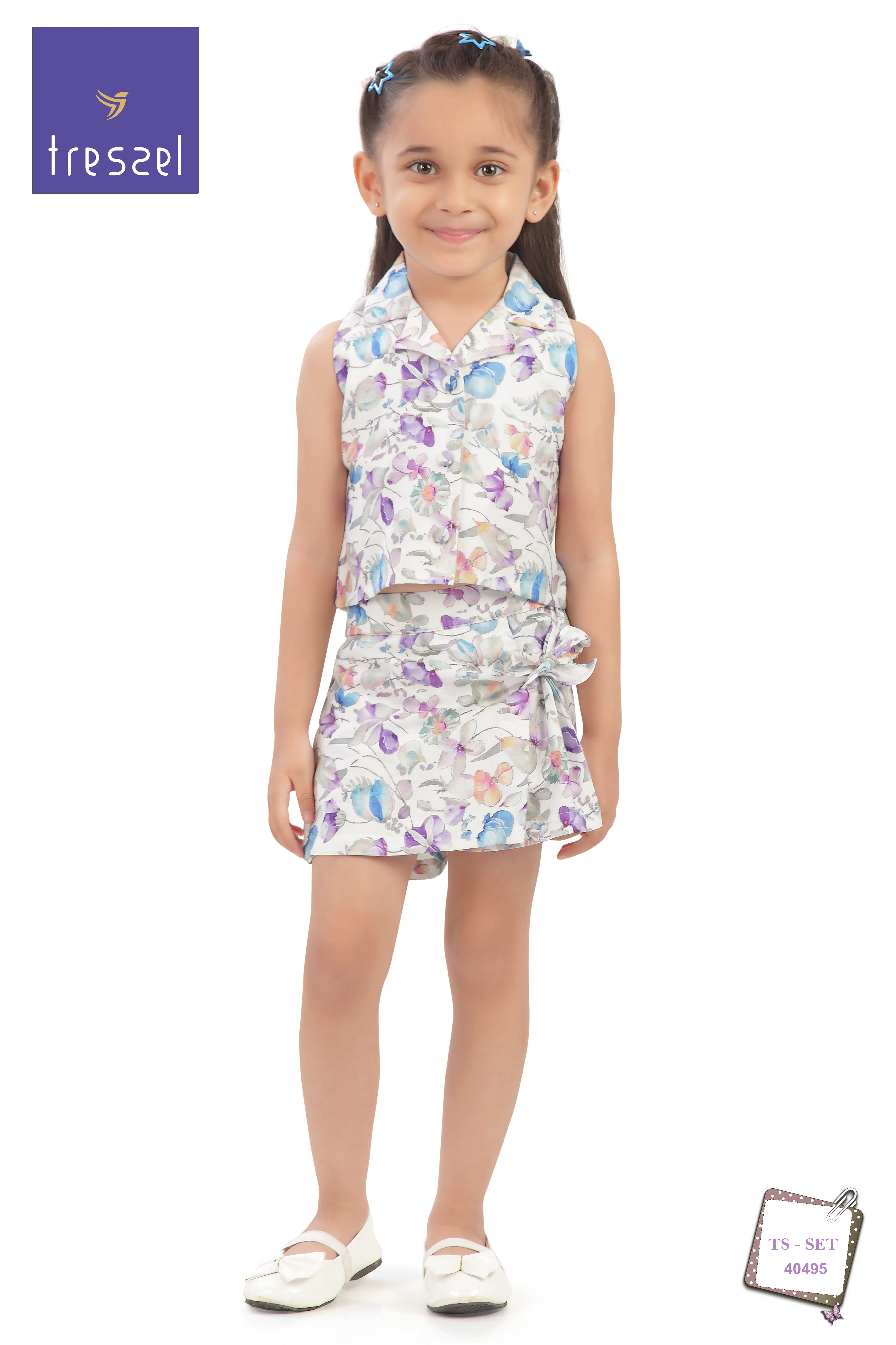 Pastel Floral Collar Top & Skirt Set TSSET40495 - Image 9