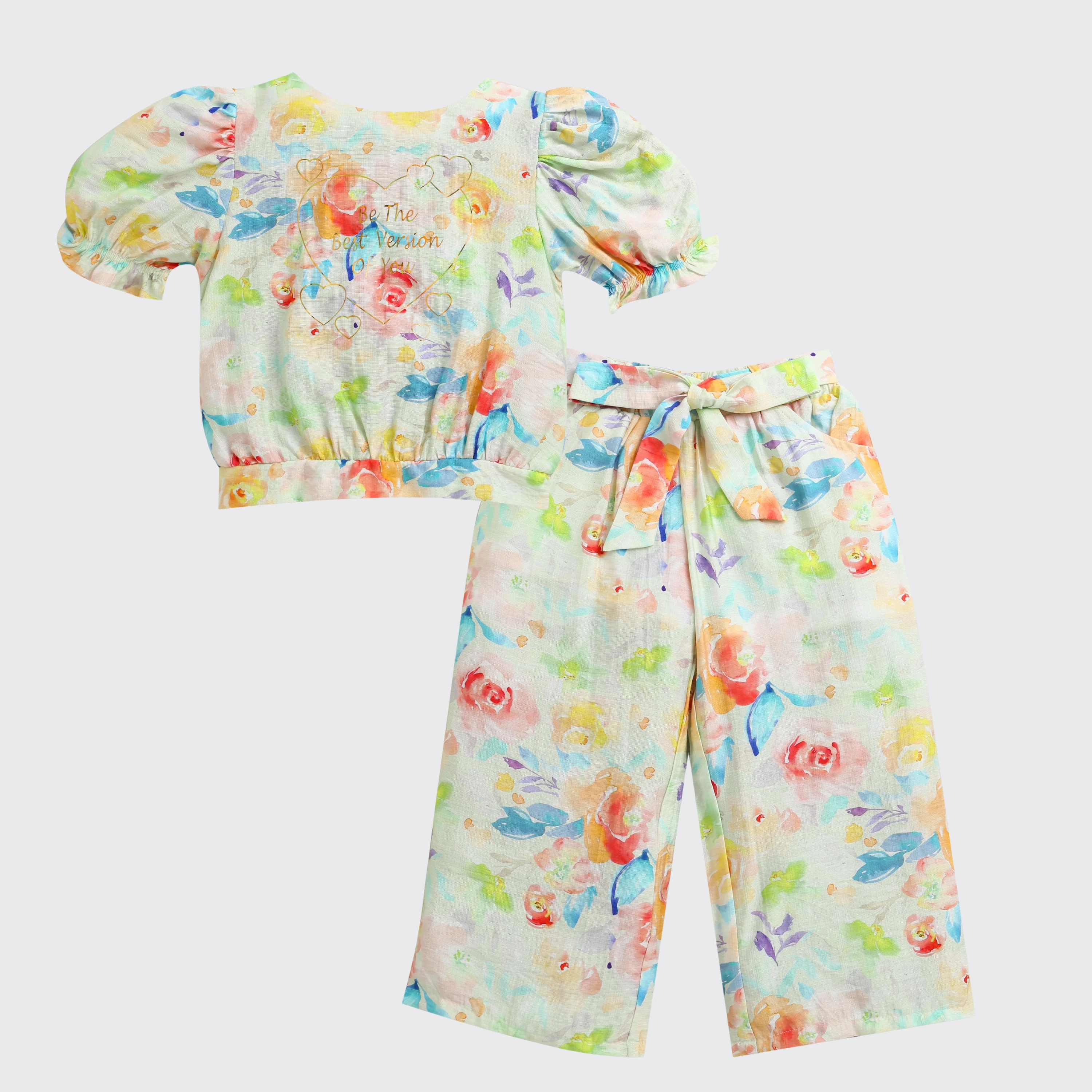 Pastel Floral Puff Sleeve Top & Wide-Leg Pants Co-Ord Set 3144 - Image 5