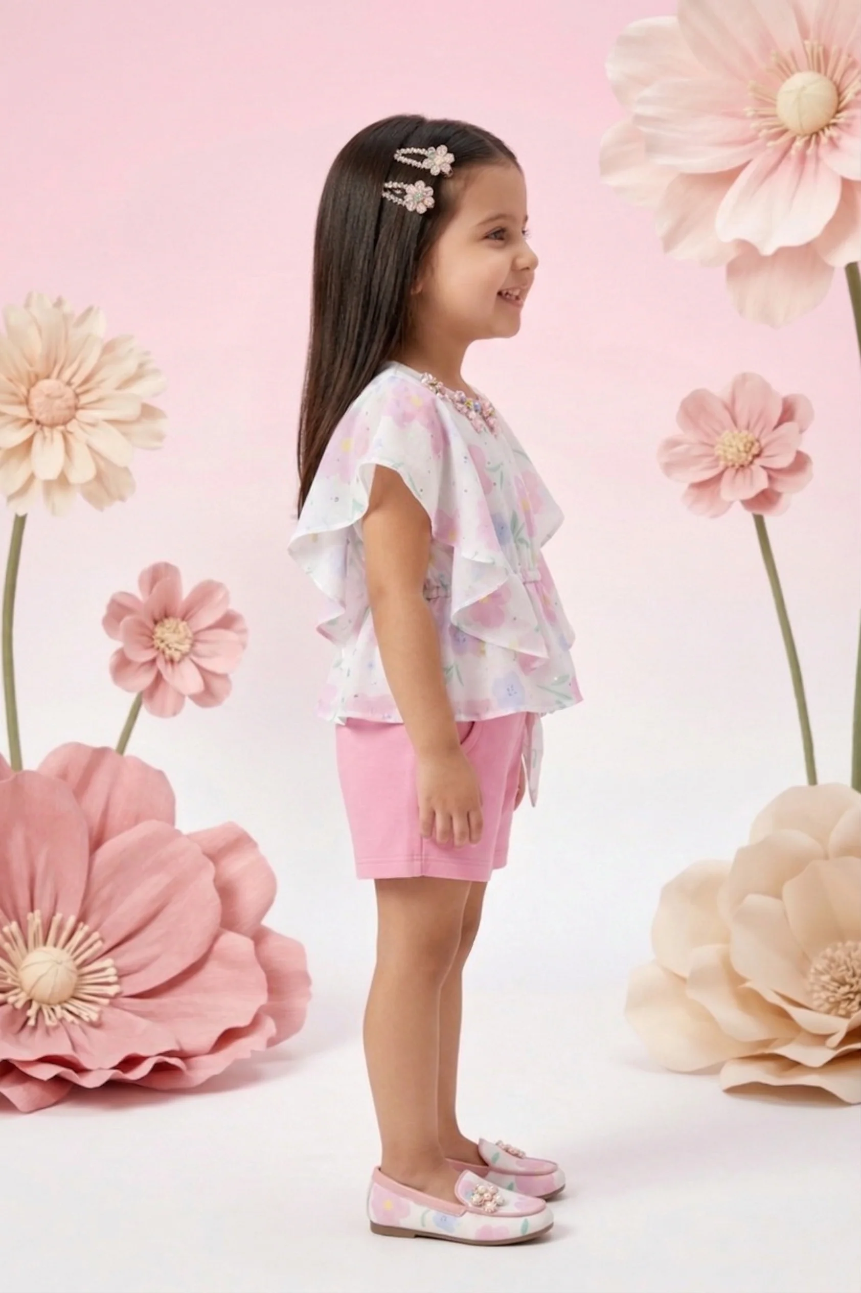 Pastel Print Cape Top & Pink Shorts Set TSSET40254 - Image 3