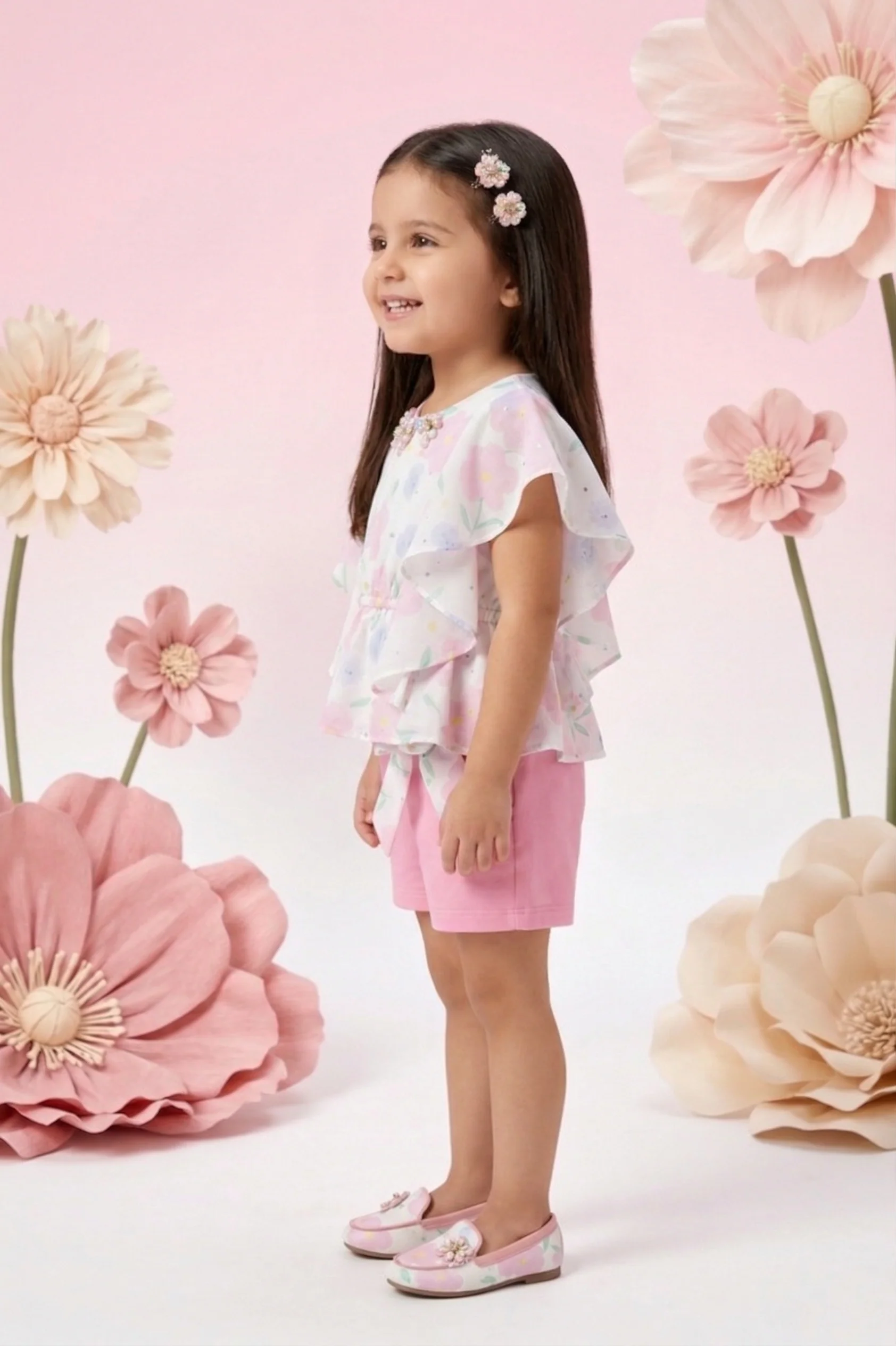 Pastel Print Cape Top & Pink Shorts Set TSSET40254 - Image 4