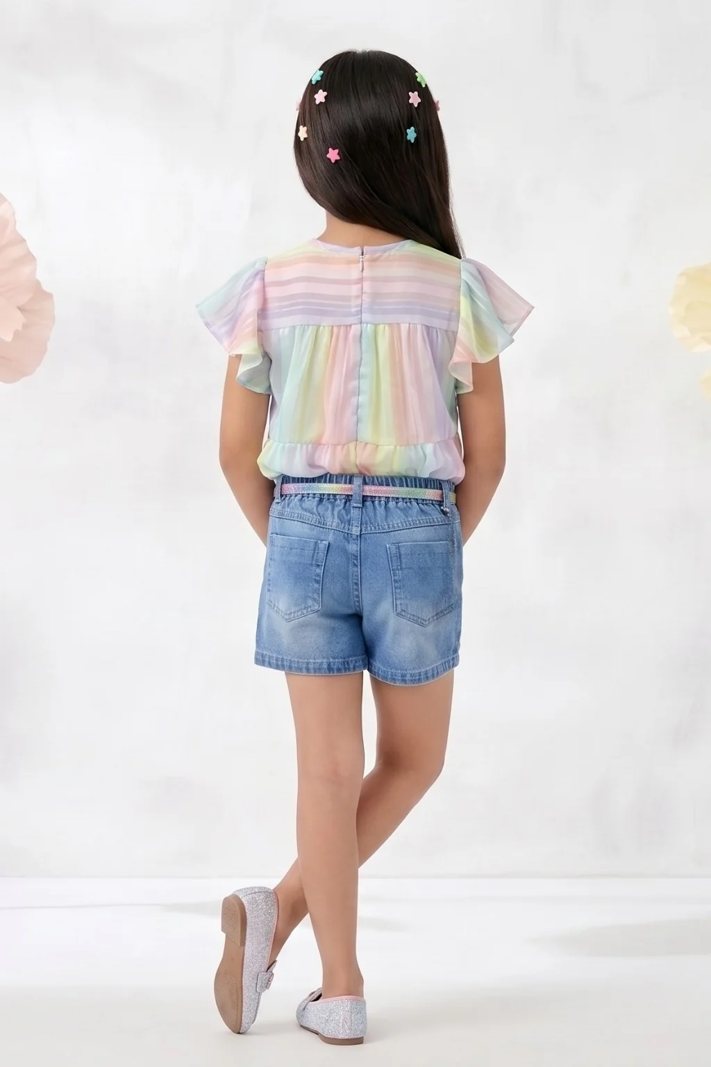 Pastel Stripe Top with Denim Shorts Co-Ord Set 1089 - Image 2